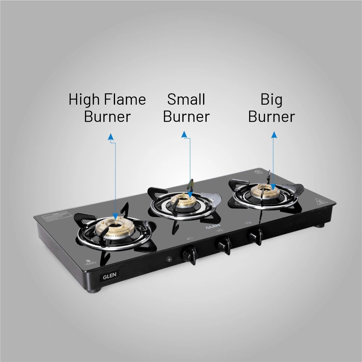 Glen 3 Burner Toughened Glass Top LPG Gas Stove with Fuel Efficient Brass Burners | Black | ISI Certified