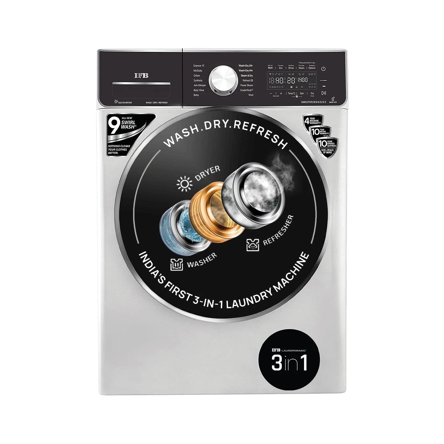 IFB Laundrimagic Front Load Washer Dryer 8.5/6.5/2.5 Kg Inverter (Executive ZXS, Silver)