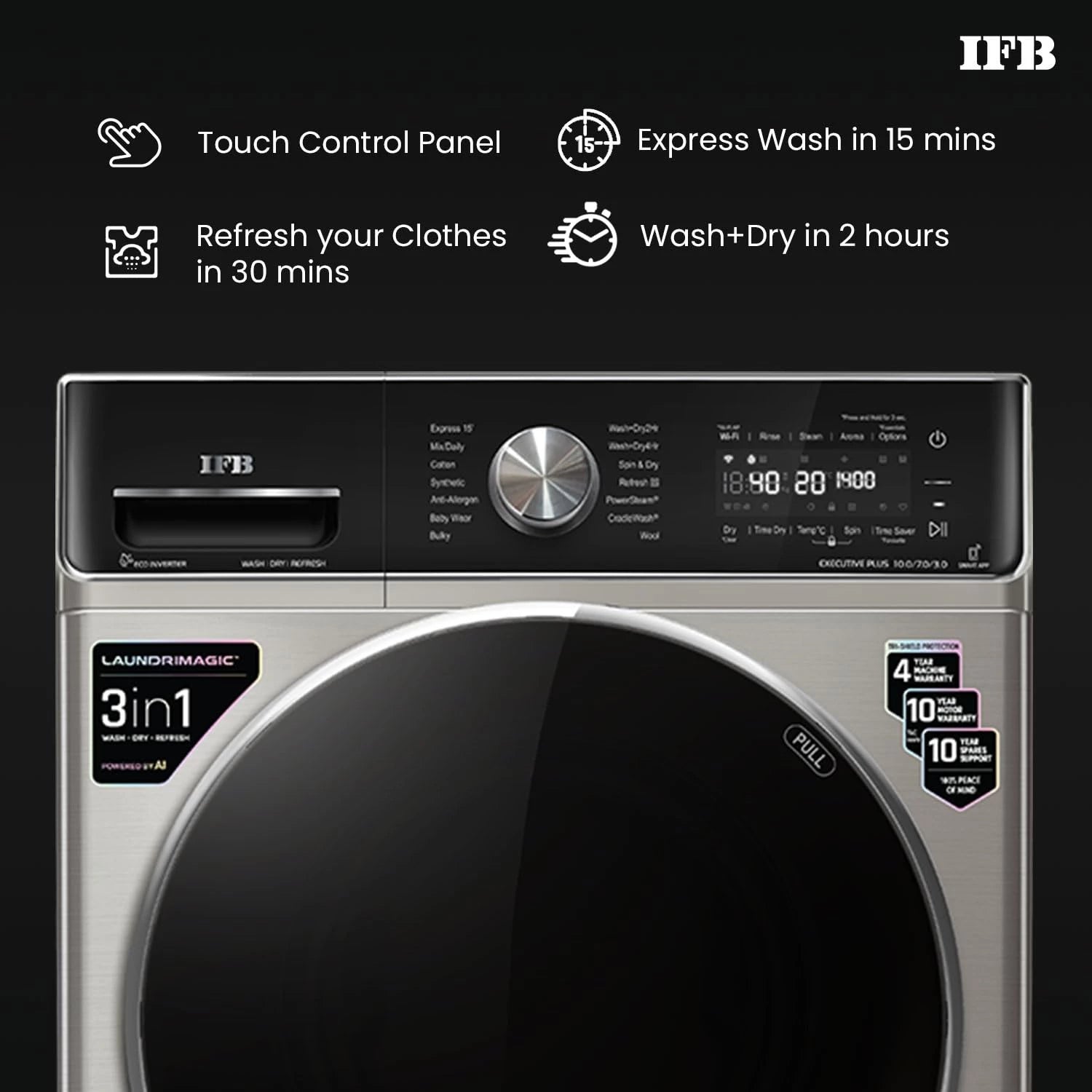 IFB 10 Kg/7 Kg/3 Kg 3-in-1, AI Powered, Fully Automatic Washer Dryer Refresher (IFB Laundrimagic®, EXECUTIVE PLUS ZXV, 9 Swirl Wash, Eco Inverter Technology, SUS VCM)