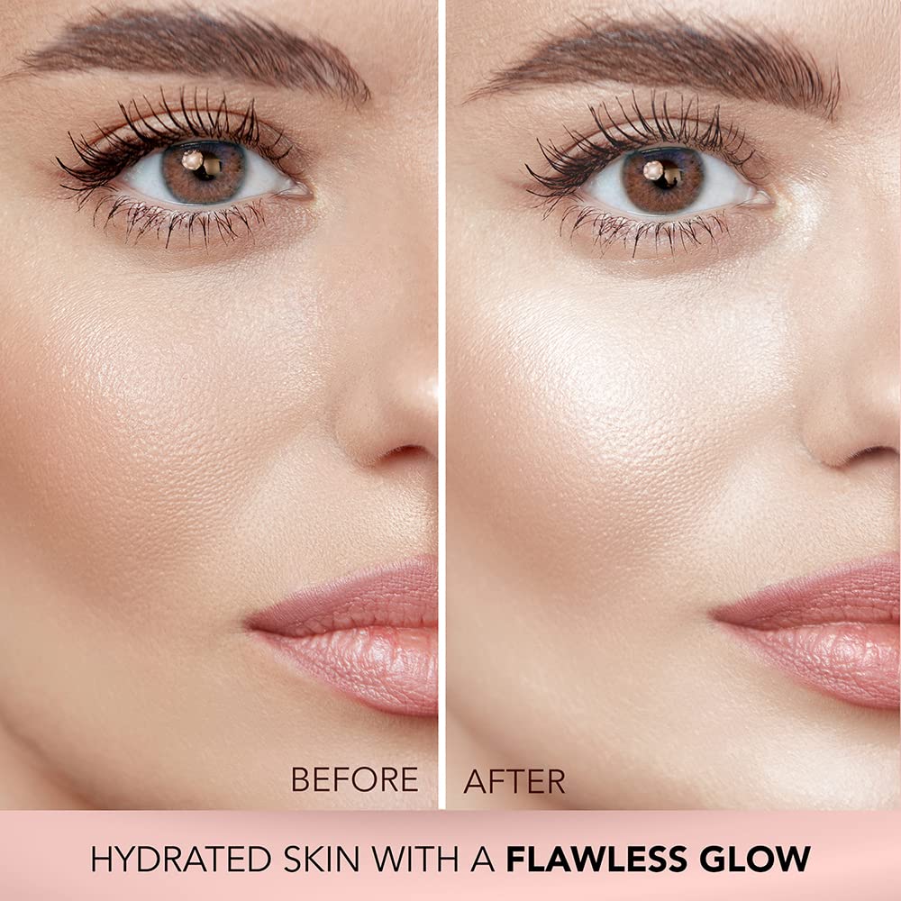 Before and after close-up of a cheek showing hydrated skin with a flawless glow after using FACES CANADA Strobe Cream