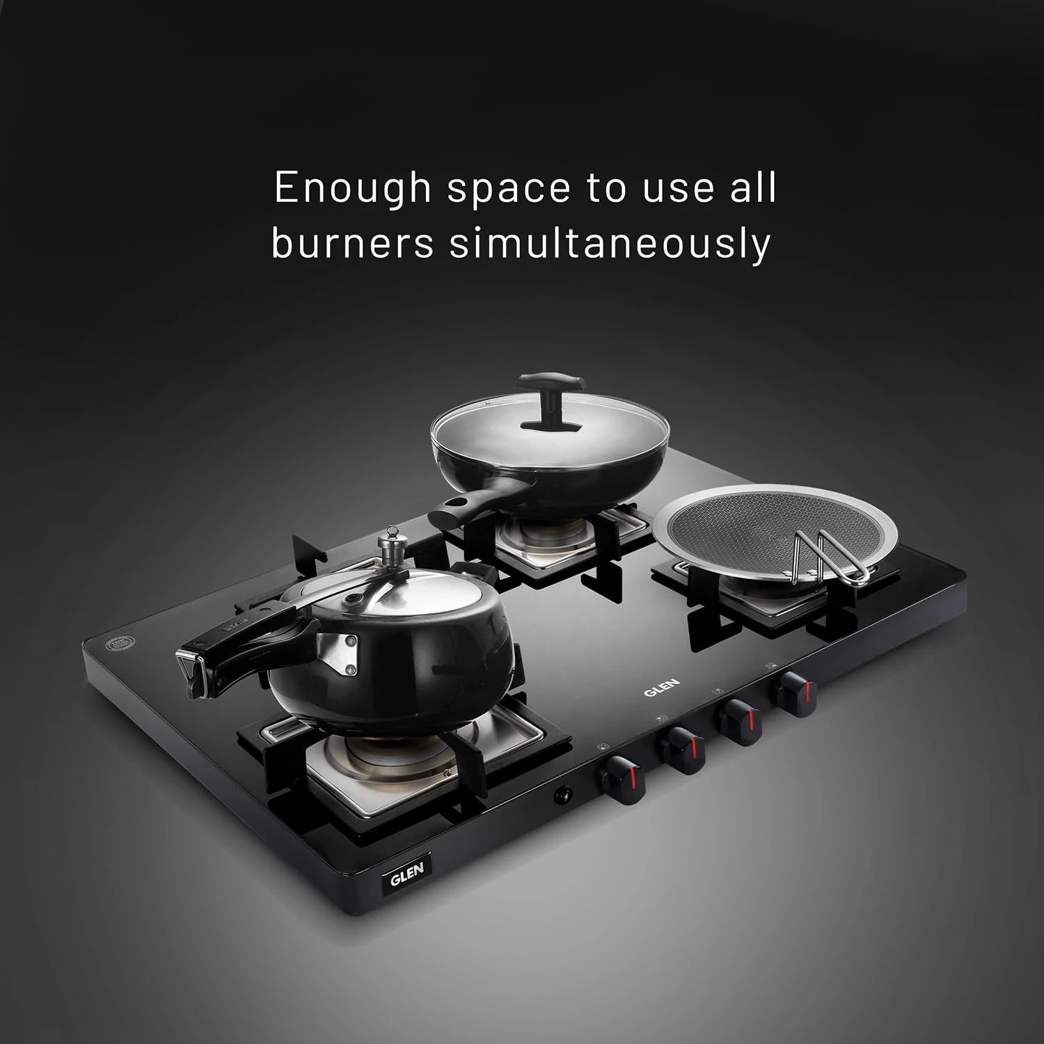 Glen Gas Stove 4 Burner Ultra Slim Auto Ignition LPG Gas Stoves | Forged Brass Burner | Black | Revolving Inlet Nozzle | 2 Year Warranty On Product (CT1047USBLAI)
