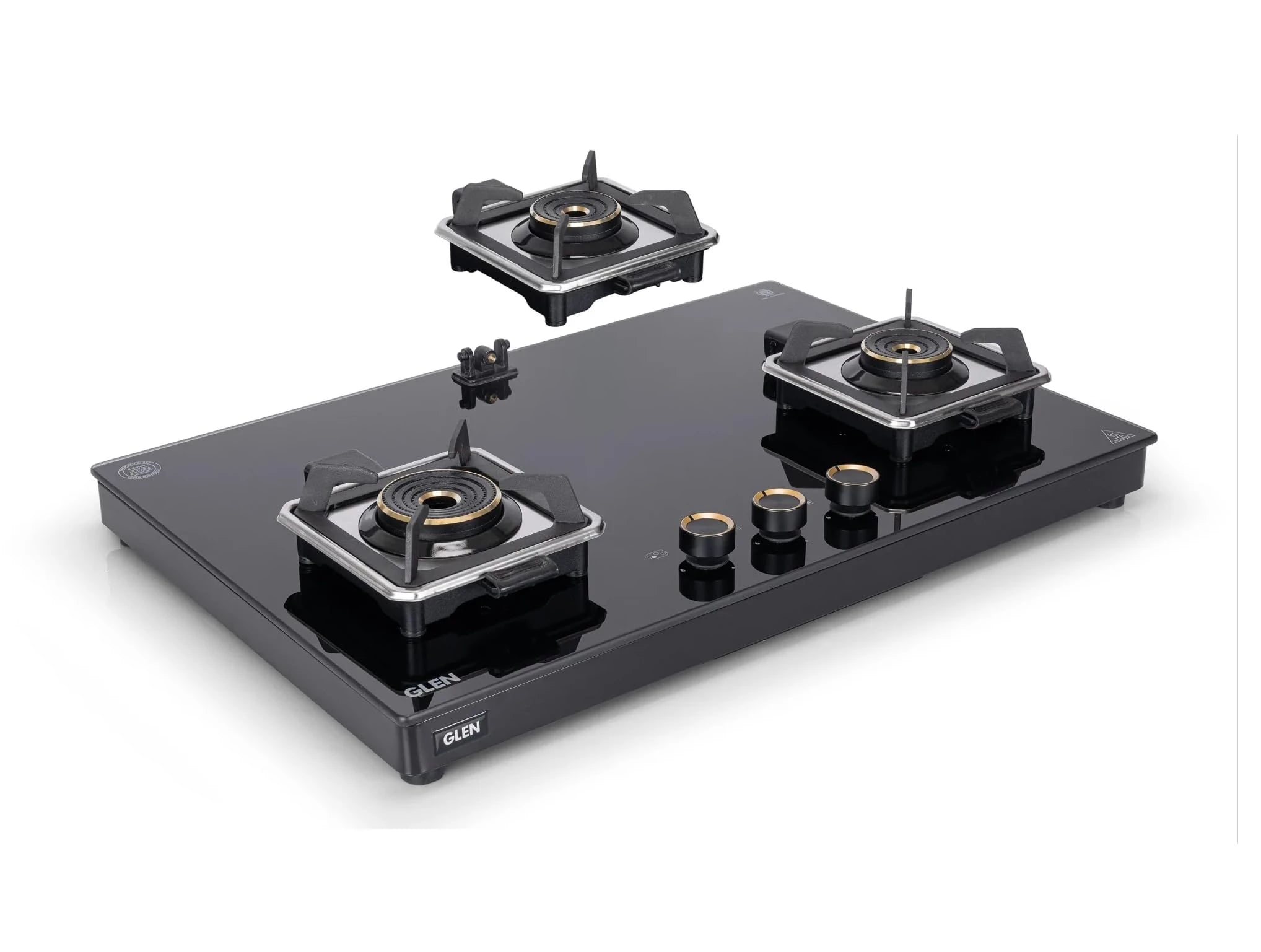 Glen Swift 3 Burner Gas Stove | Removable Multi-Ring Forged Brass Burners | 8mm Toughened Glass Top | Manual Ignition (CT1038GTBLSWIFT)