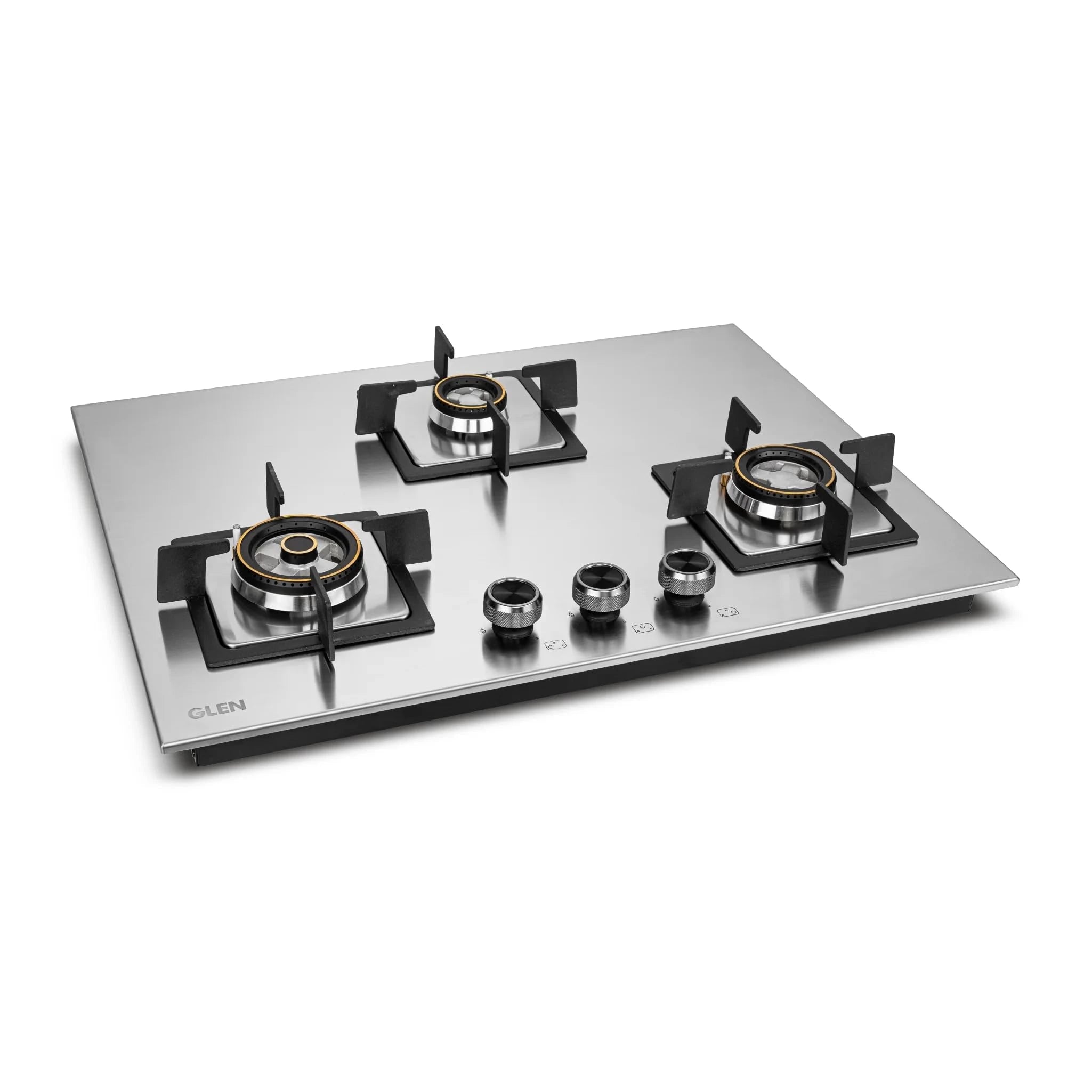Glen Hob Top 3 Burner Auto Ignition | Dual Use Freestanding & Built In Hob Ultra Tuff Stainless Steel Mini Triple Ring & Double Ring Forged Brass Burners | Hob gas stove 3 burner (BH1073SQHTSSDBMT70)