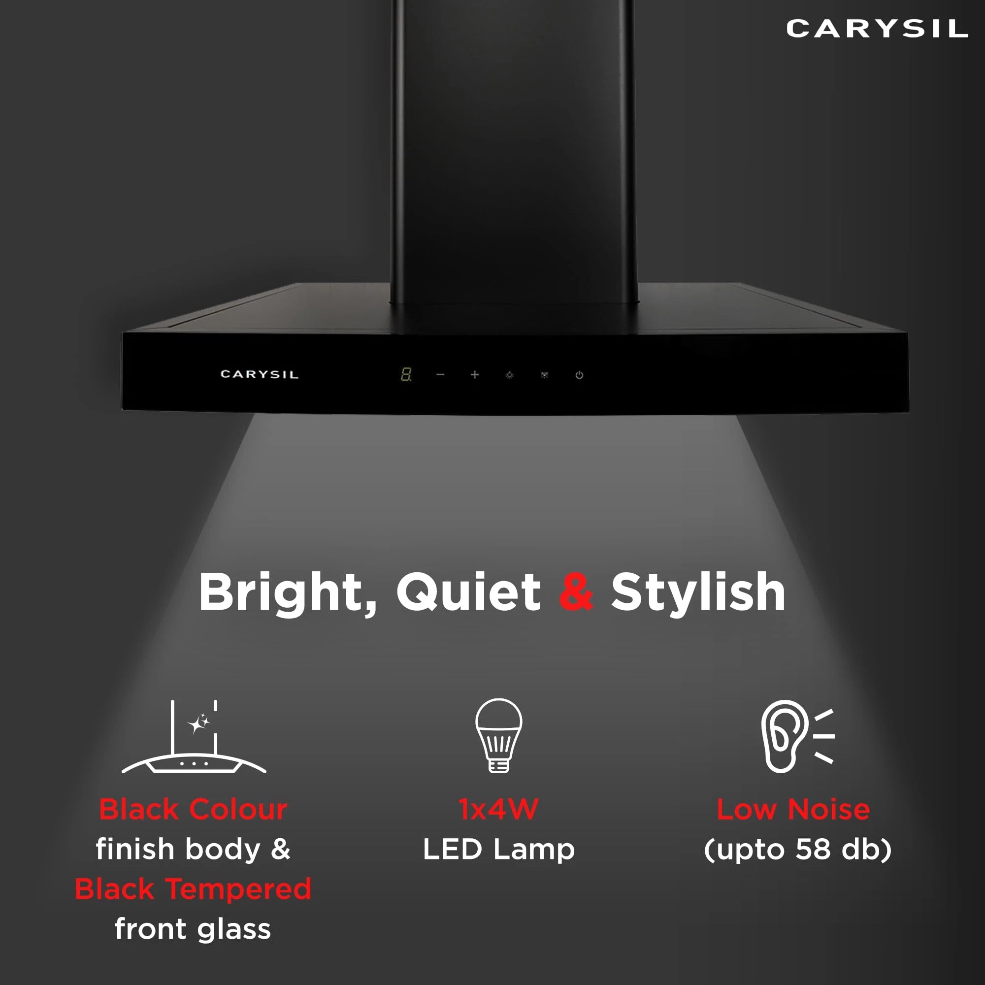 Carysil Mint 60 Kitchen Chimney, 1350 m3/hr Suction Capacity, Baffle Filter, Heat Auto Clean, 3-speed Touch Control, Inox Body & Tempered Finish, LED Lamp, 7-year Motor Warranty