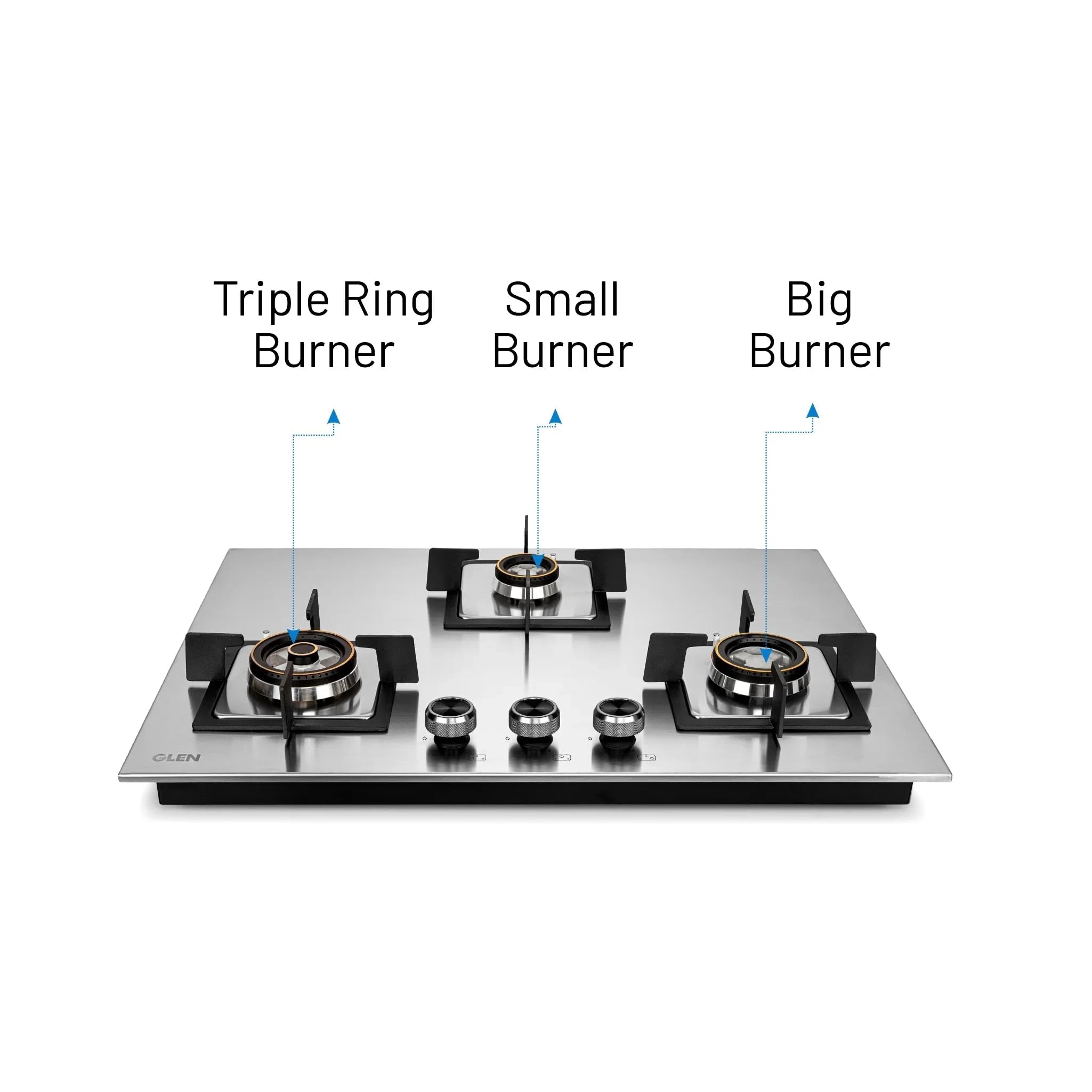 Glen Hob Top 3 Burner Auto Ignition | Dual Use Freestanding & Built In Hob Ultra Tuff Stainless Steel Mini Triple Ring & Double Ring Forged Brass Burners | Hob gas stove 3 burner (BH1073SQHTSSDBMT70)