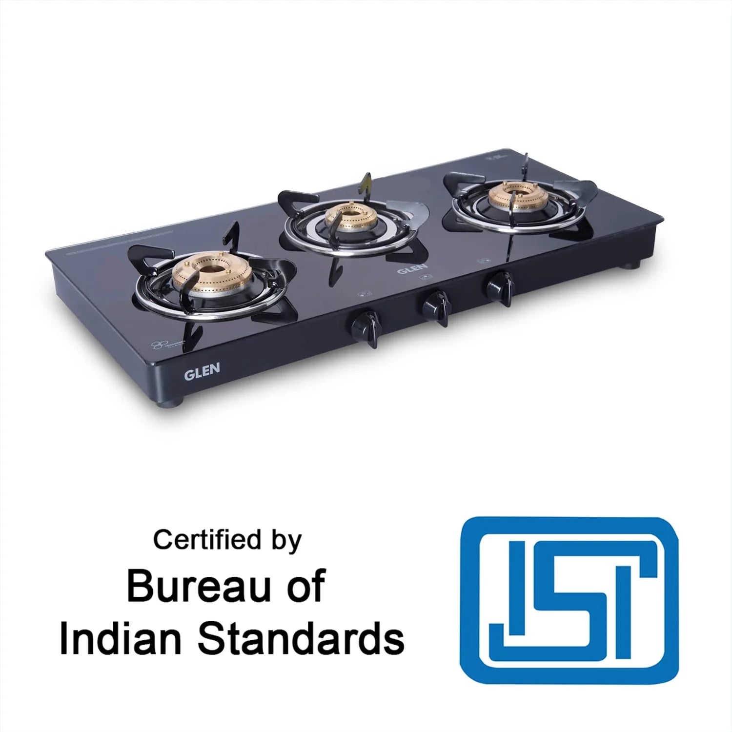 Glen Gas Stove 3 Burner | Toughened Glass Top LPG Gas Stoves | High Flame Brass Burners | Manual Ignition | Black (CT3B73 BL BB)