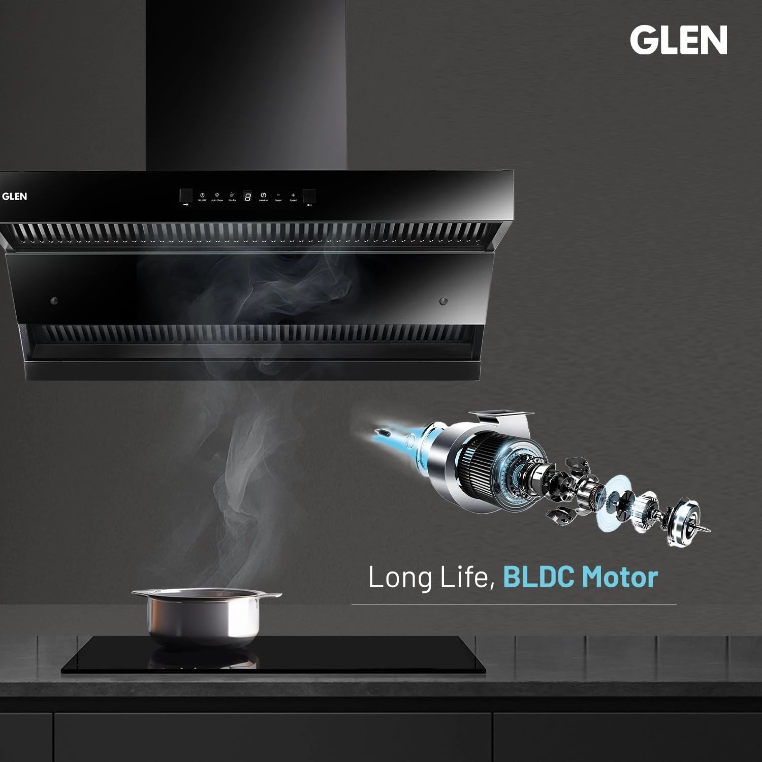 Glen Auto Clean Chimney with Double Draft Suction and Heat Sensor, BLDC Motor 90cm 1600 m3/h - Black (CH 6076 HSR DC AC)