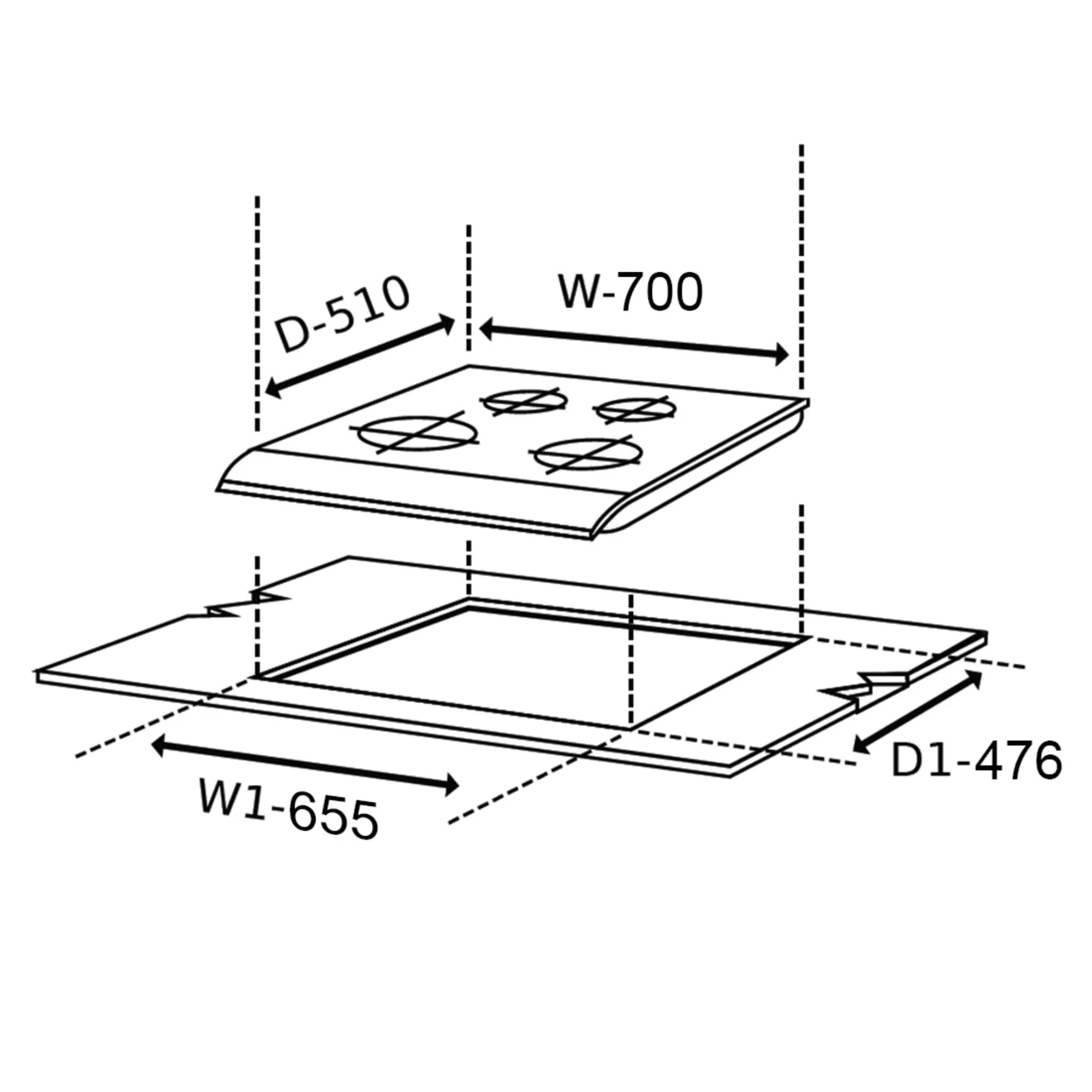 Glen 4 Burner Glass Hob Top Black Frame Italian Double Ring Burners Auto Ignition (BH1074SQFIN)