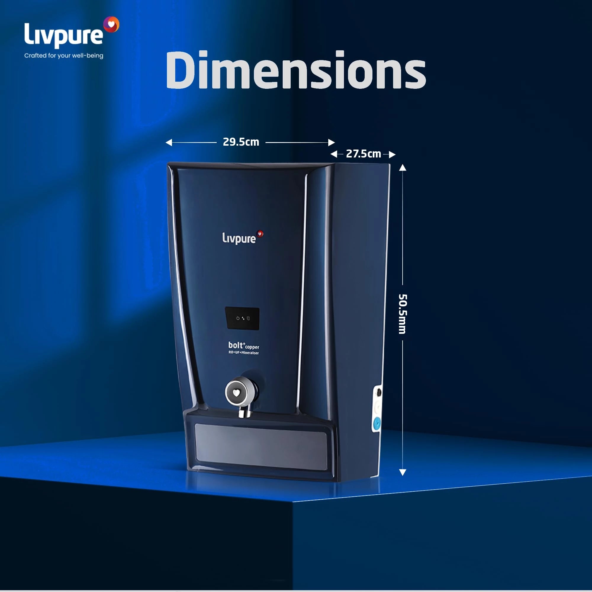 Livpure Bolt+Copper+RO+UF+Mineraliser, 80% Water Savings, 7 L tank, Water Purifier for home (Blue) Suitable for Municipal, Tanker, Borewell water