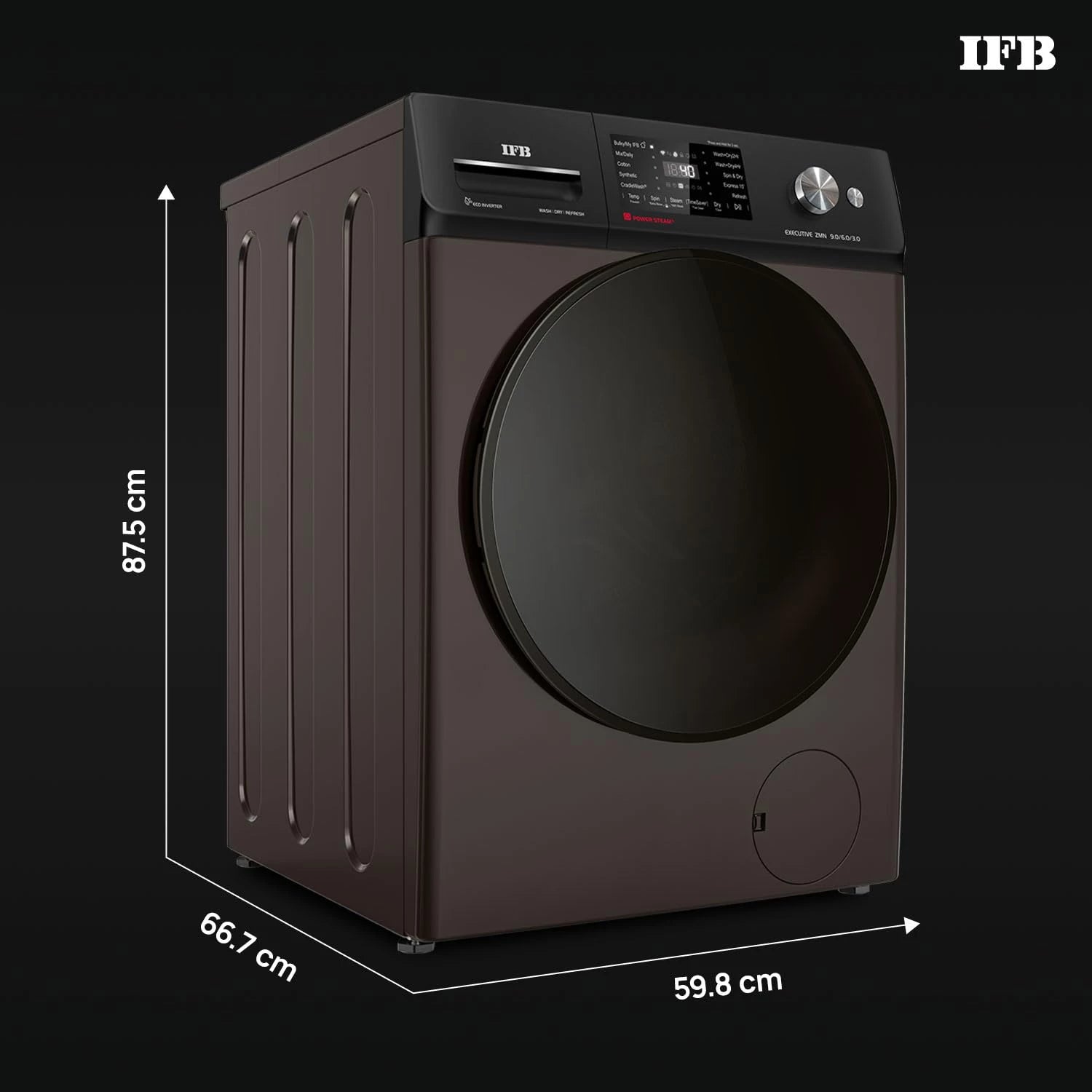 IFB 9/6/3 kg Fully Automatic Washer Dryer Refresher with Steam Refresh, AI Powered, 100% Dry Clothes, 9 Swirl Wash Mimic Handwashing, WiFi & Eco Inverter Motor (WDR Executive ZMN, Mocha)