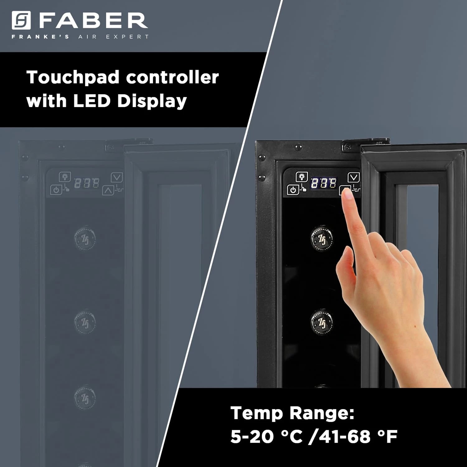 Faber 20L 7 Bottles Wine Chiller|Freestanding cum Built-in|Frost-Free,5-20°C,|SS Handle,Wooden Shelves,Reversible Door,Touchpad & LED Display