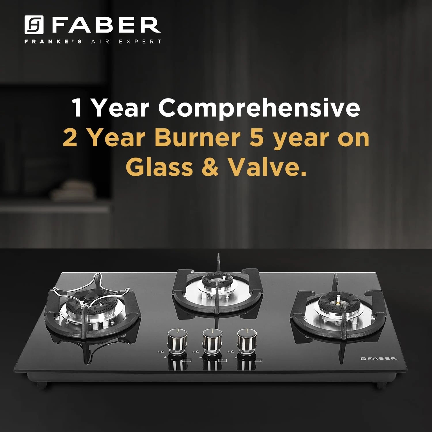 Faber Hob 3 Burner | Auto-Ignition | Spillage Proof | HOB SUPERIA HT763 BR AI | Concealed Chamber | Metal Knobs | Pan Support | Black Glass Finish |5 Yr Warranty on Burner & Glass | 1 Yr comprehensive
