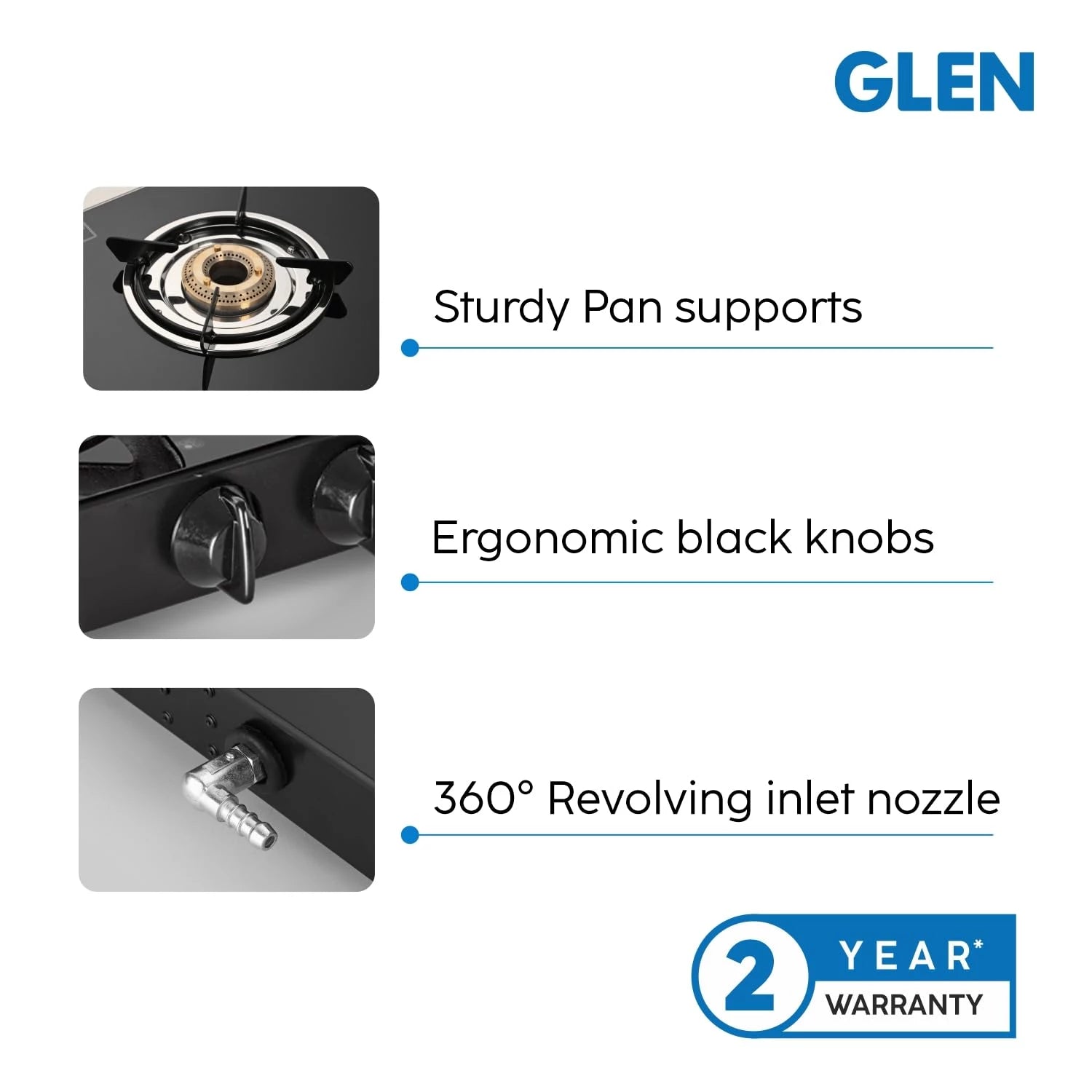Glen 3 Burner Toughened Glass Top LPG Gas Stoves Auto Ignition | Brass Burners | Black | ISI Certified | Stainless Steel Drip Trays | Anti-Skid Feet Ergonomic Knobs | 2 Year Warranty (1030GTBBBLAI)