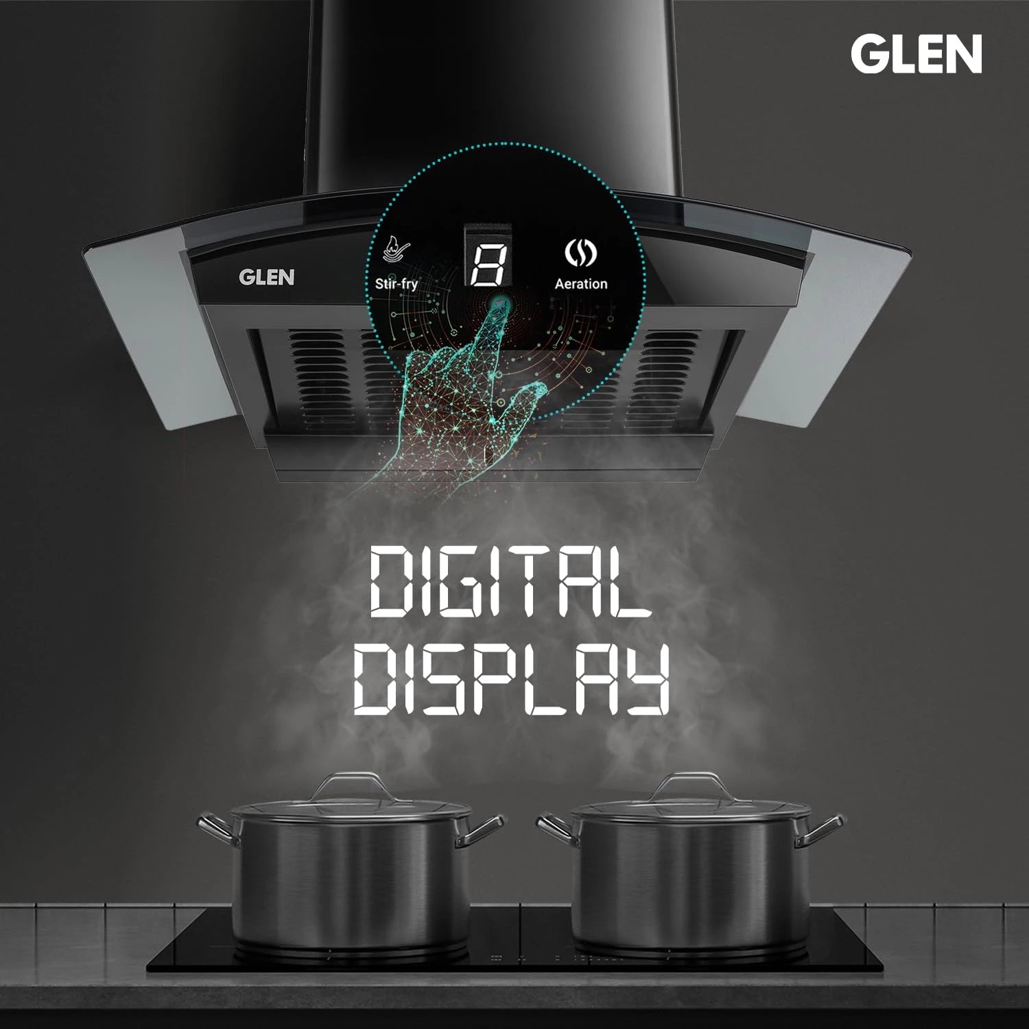 Glen 60 cm 1500 m³/hr BLDC Filterless Thermal Autoclean Kitchen Chimney, Curved Glass |(Hood RICA 60, Aeration technology|Touch & Gesture Control,Black)