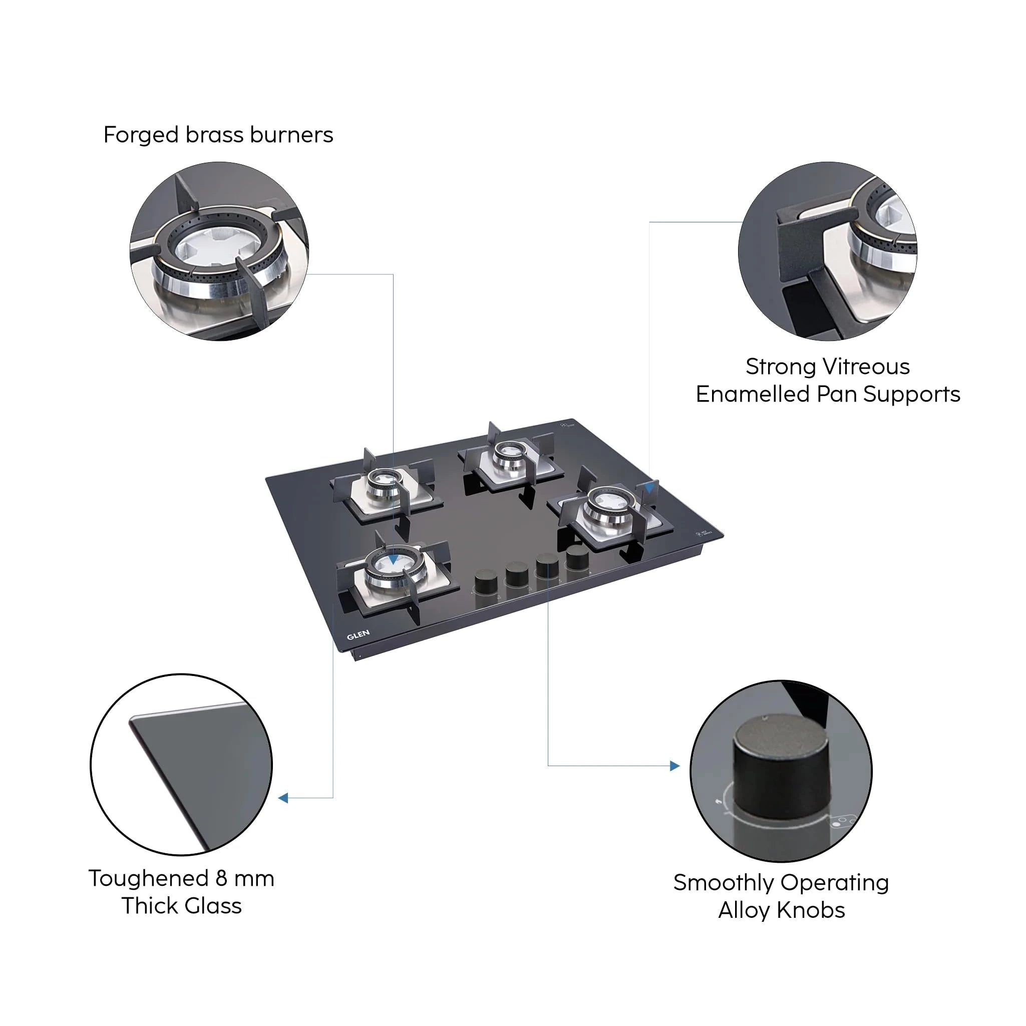 Glen 4 Burner Built in Glass Hob Top | Double Ring Forged Brass Burner Auto Ignition | 2 years standard & 5 years glass Warranty (1074 SQ HT DB)