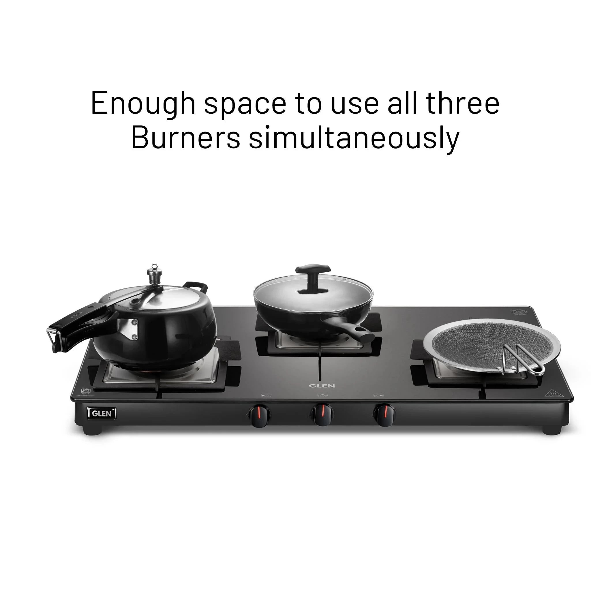 Glen 3 Burner Ultra Slim Glass Gas Stove with High Flame Forged Brass Burner - Manual Ignition (1038 SL SQ BL FB)