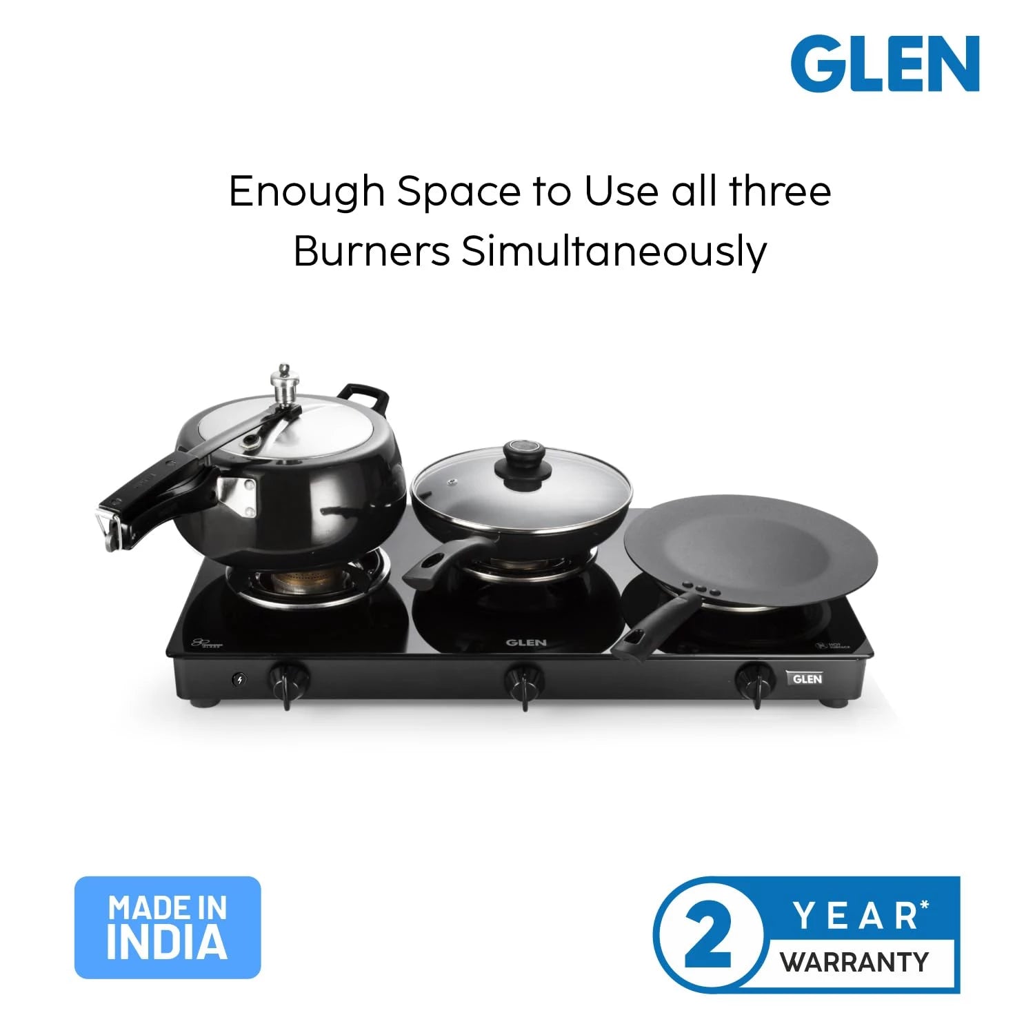 Glen 3 Burner Toughened Glass Top LPG Gas Stoves Auto Ignition | Brass Burners | Black | ISI Certified | Stainless Steel Drip Trays | Anti-Skid Feet Ergonomic Knobs | 2 Year Warranty (1030GTBBBLAI)
