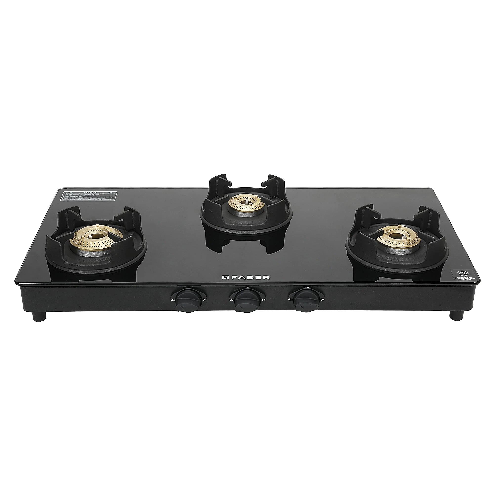 Faber ONYX AI 3BB BK 3-Burner Auto-Ignition Cooktop | Black ABS Knobs | Brass Burners | Cast Iron Pan Support | Black Glass Finish | 7 Yrs Warranty on Glass, 5 Yrs on Burner & Valve | 2 Yrs Comprehens