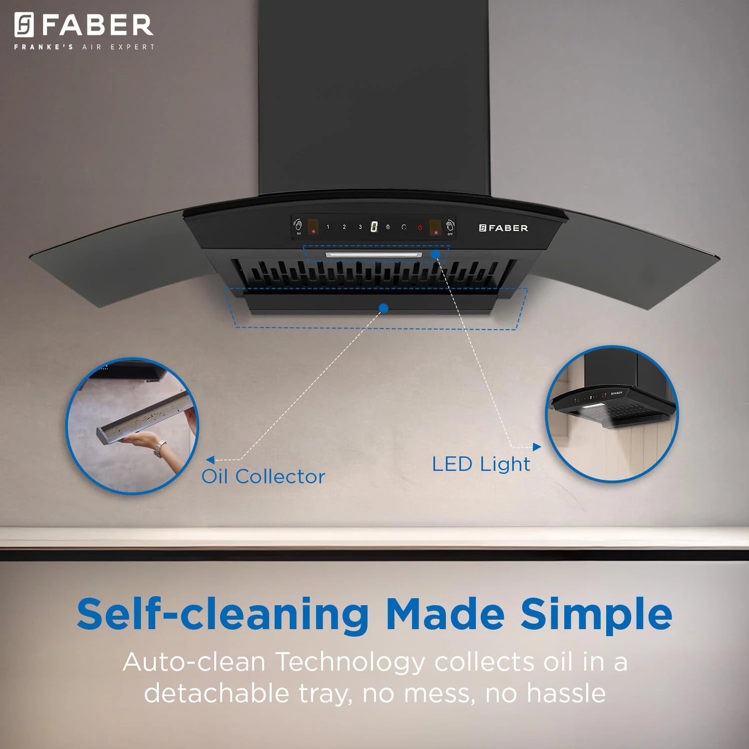 Faber 90 cm 1200 m³/hr Autoclean Curved Chimney| Black Filterless with Oil Collector |8 Yrs Motor & 2Yrs Comprehensive Warranty by Faber | Touch & Gesture Control | Hood Venice IN HC SC FL BK 90
