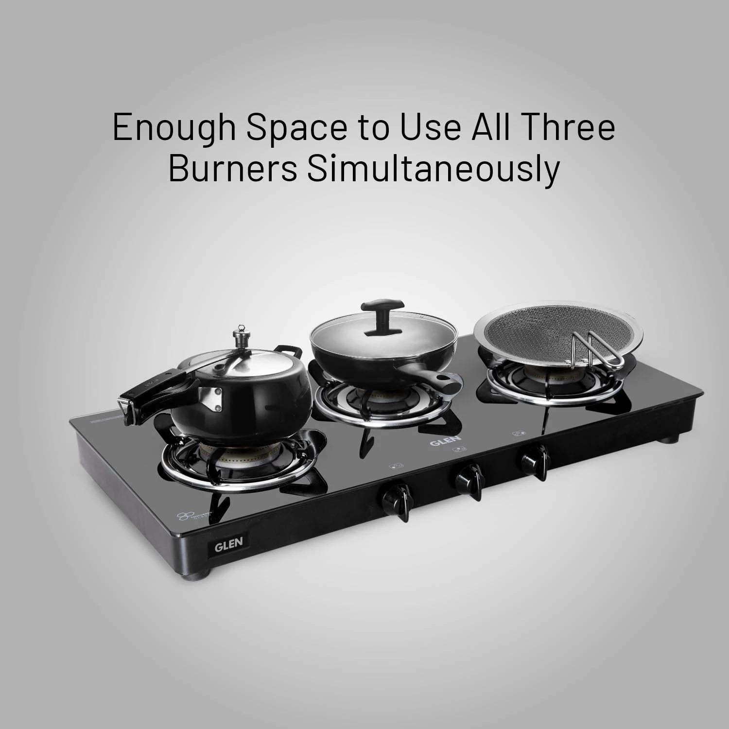 Glen 3 Burner Toughened Glass Top | LPG Gas Stoves Extra Large | High Flame Brass Burners | Black | Manual Ignition | ISI Certified Revolving Nozzle | 2 Year Warranty | 1033 GT XL BB BL