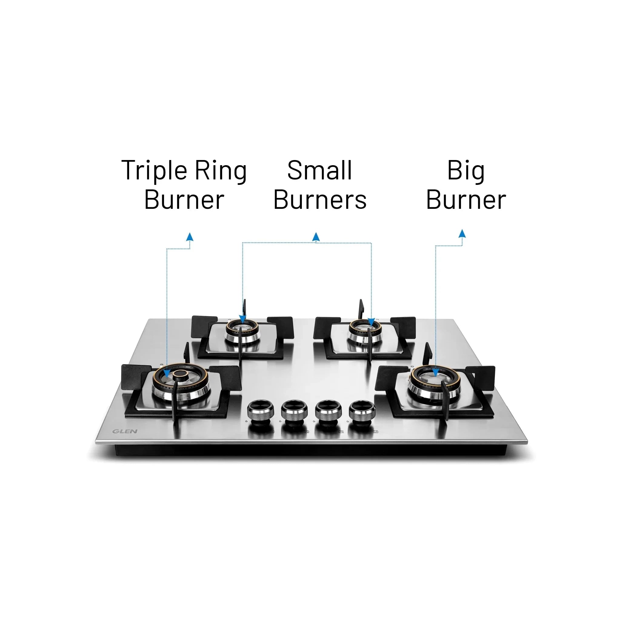 Glen Hob Top 4 Burner Stainless Steel | Built In Hob 4 Burner Gas Stove Auto Ignition | Mini Triple Ring & Double Ring Brass Burners | hob gas stove 4 burner stainless steel (BH1074SQHTSSDBMT70)