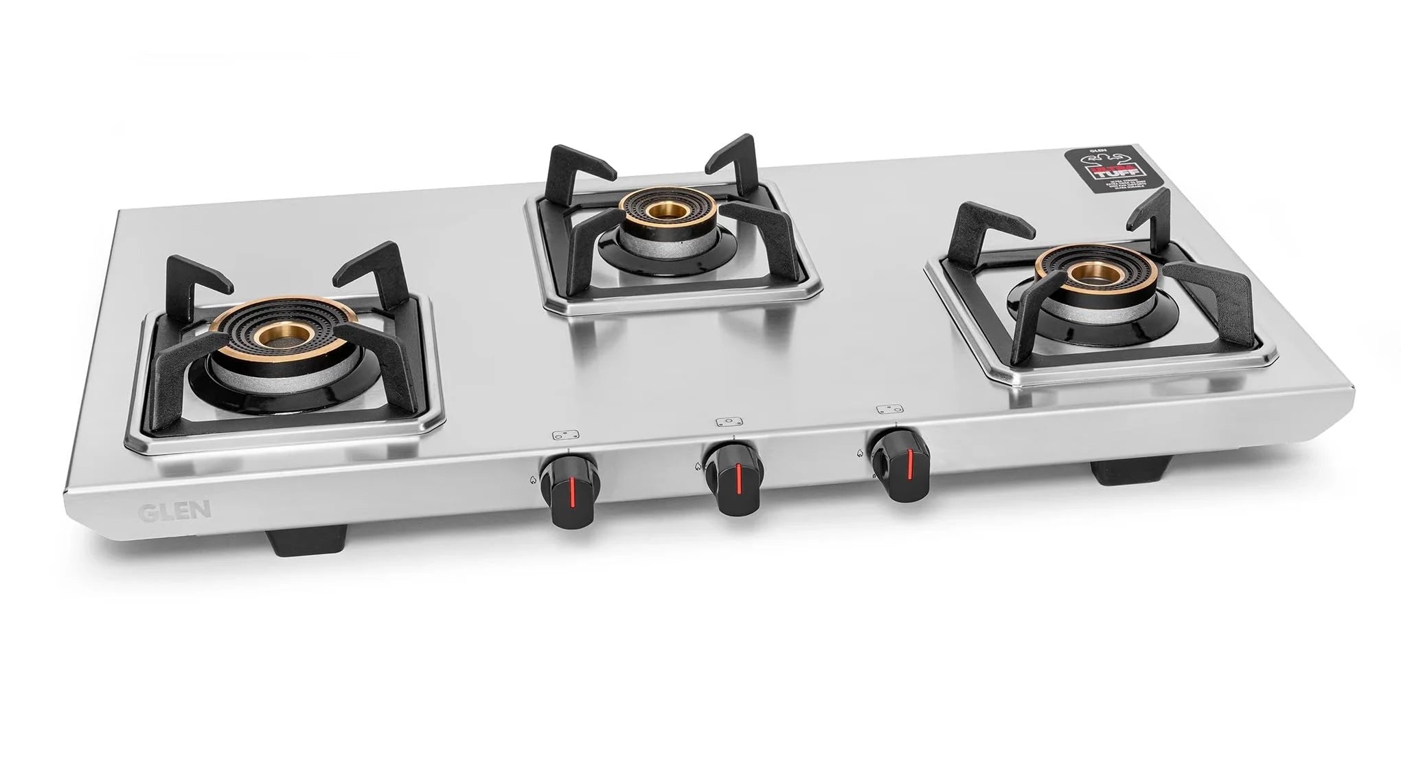 Glen 3 Burner Ultra Tuff Stainless Steel Gas Stove | Multi-Ring Forged Brass Burners | Removal Drip Trays | ISI Certified | Revolving Inlet Nozzle | Manual Ignition (CT1053UTDTSS)
