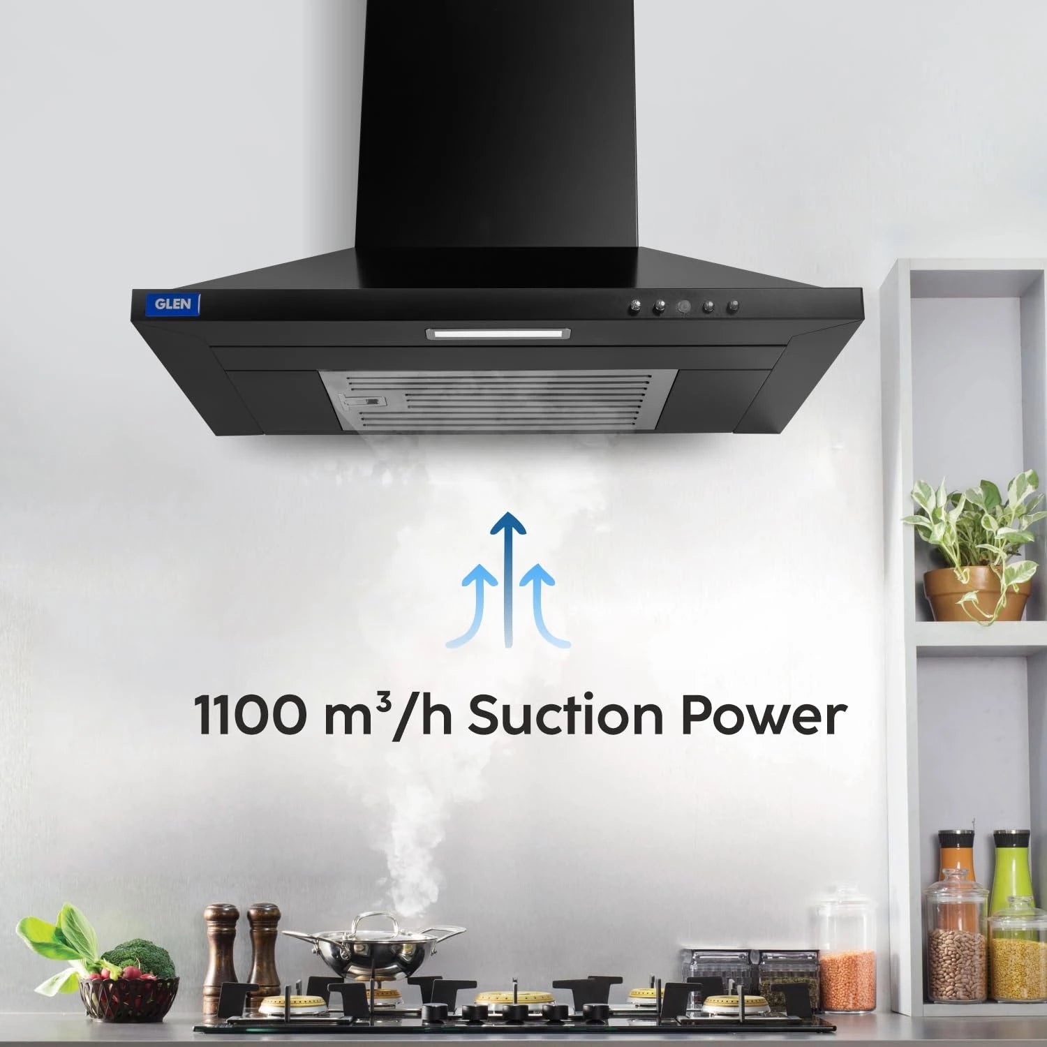 Glen Electric Kitchen Chimney With 7 Year Warranty On Motor, Pyramid Shape SS Baffle filter 60cm 1100 m³/h - Black (6049 IN BLK)