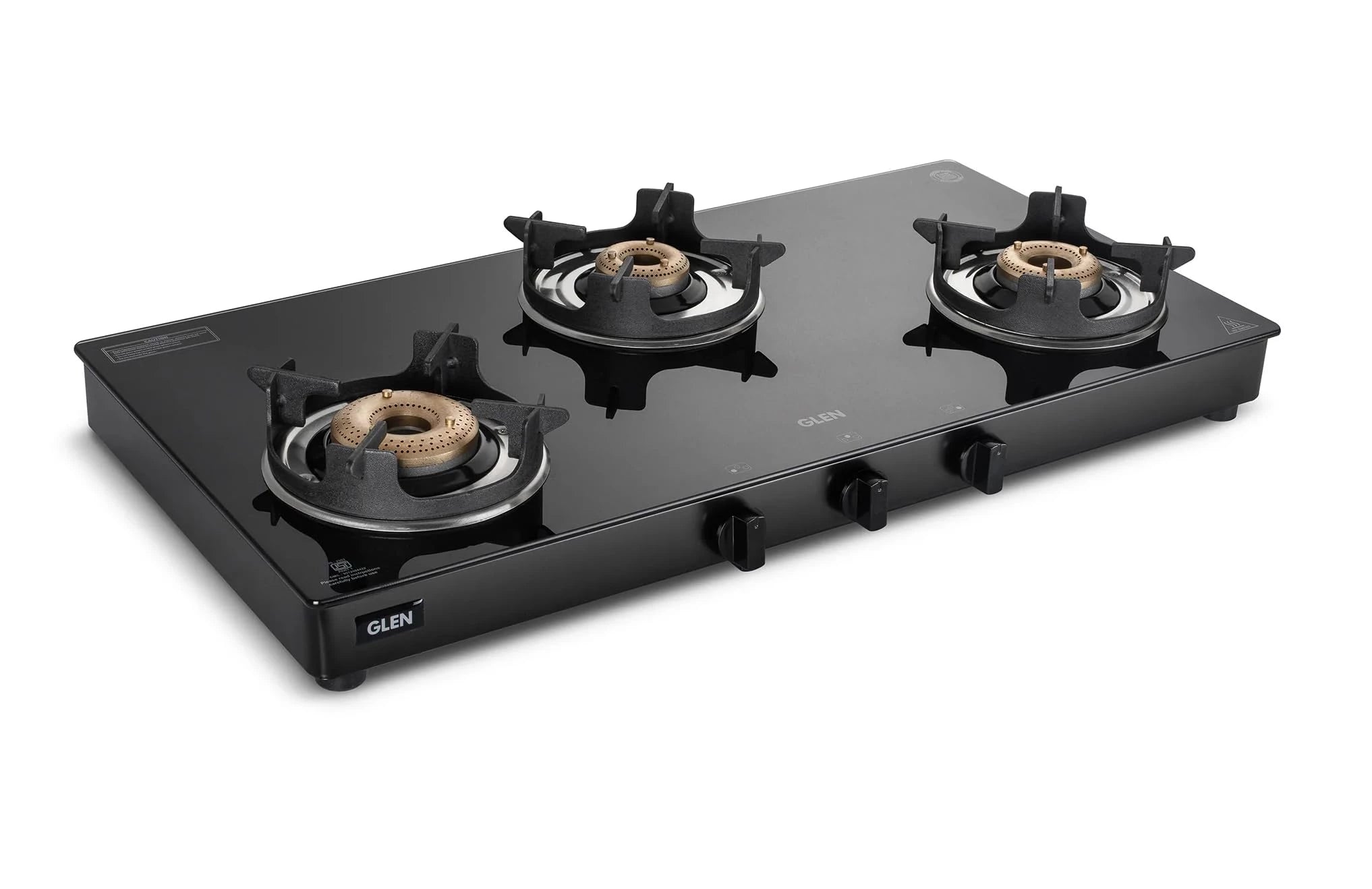 Glen Gas Stove 3 Burner | Toughened Glass Top PNG Gas Stoves | Brass Burners Black Manual Ignition | ISI Certified | Revolving Nozzle | Crown Pan Supports | (CT1038GTBBBLCPPN)