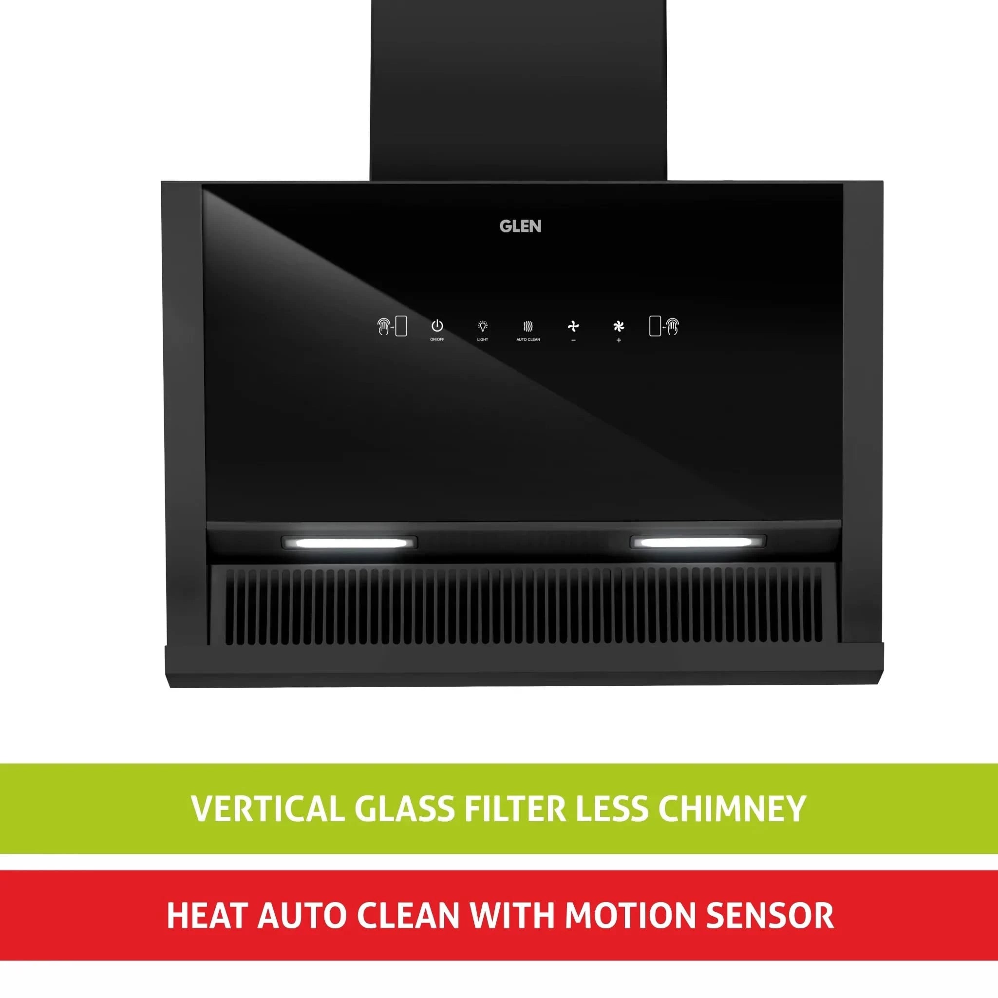Glen Auto Clean Glass Filterless Chimney With 7 Year Warranty On Motor, With Motion Sensor 60cm 1200 m3/h -Black (6072SXAC60)