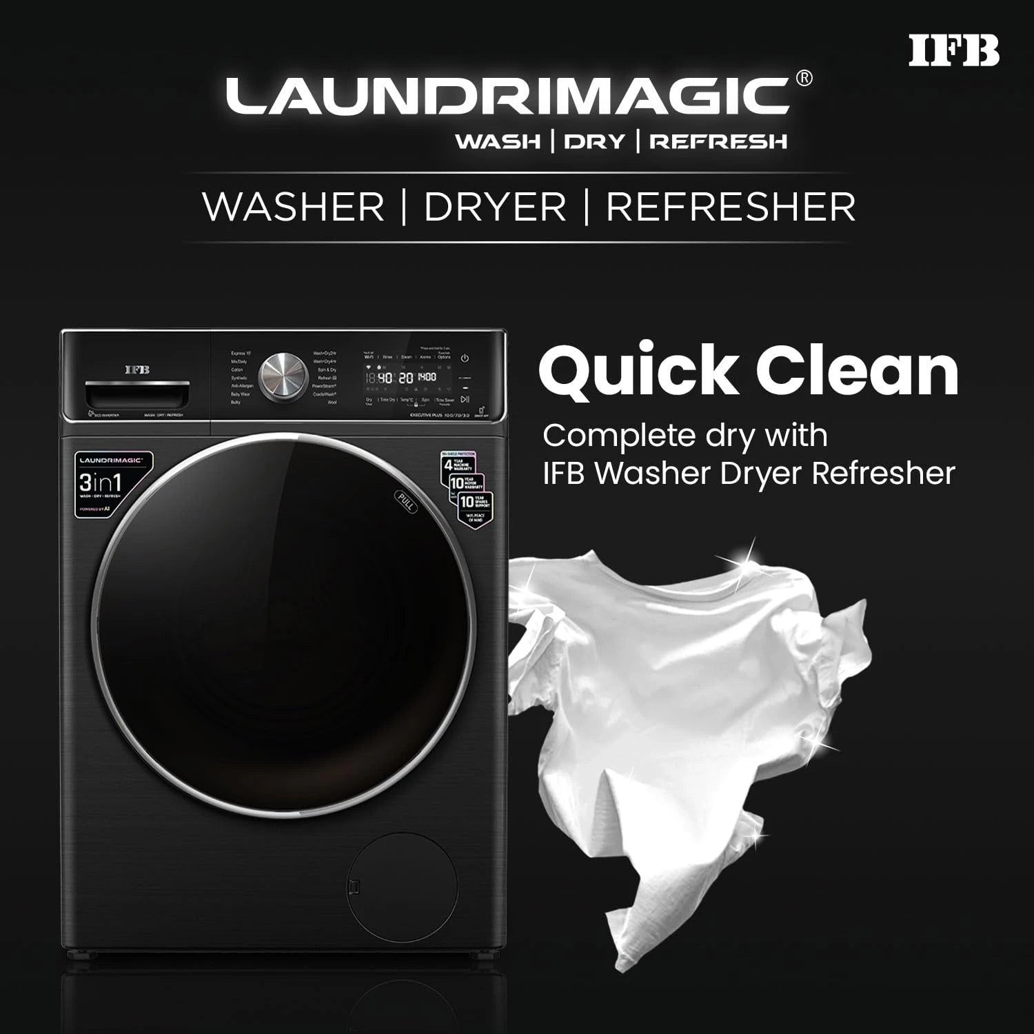 IFB 10 Kg/7 Kg/3 Kg 3-in-1, AI Powered, Fully Automatic Washer Dryer Refresher (IFB Laundrimagic®, EXECUTIVE PLUS ZXB, 9 Swirl Wash, Eco Inverter Technology, Black VCM)