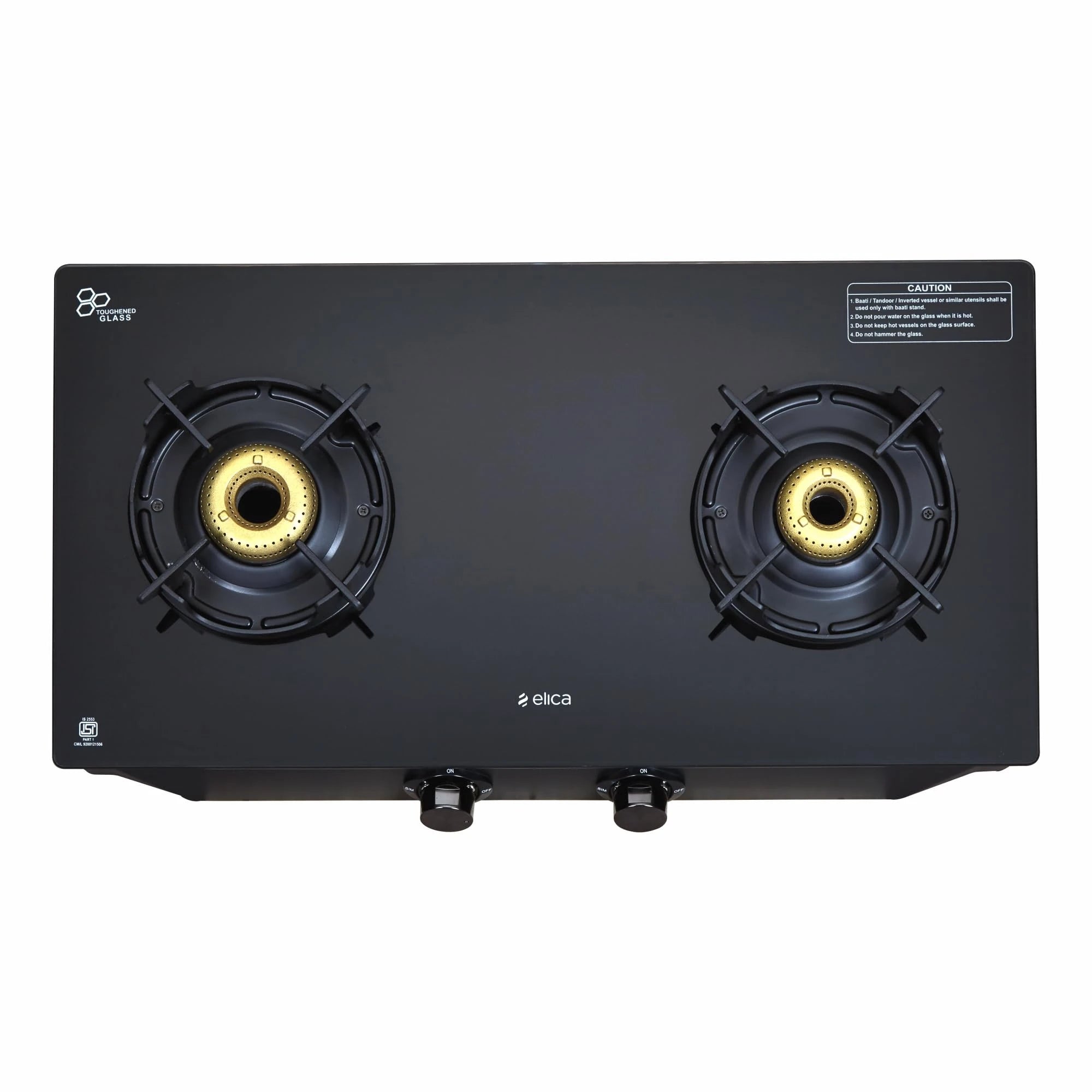 Elica Crest 2 Burner Gas Stove with Crown Design Pan Support and Forged Brass Burners (CREST 266 NERO), Black