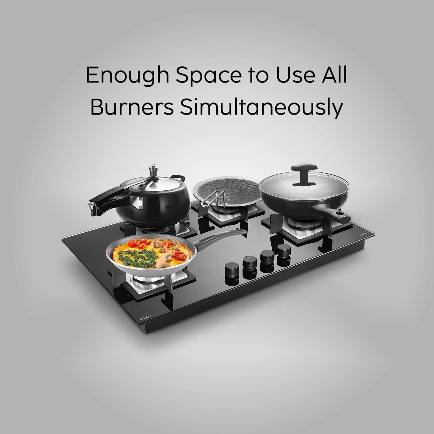 Glen Built-in Hob 4 Burner Gas Stove | Black Toughened Glass Top | Auto Ignition | Forged Brass Burners Mini Triple Ring & Double Ring | 2 Year Warranty
