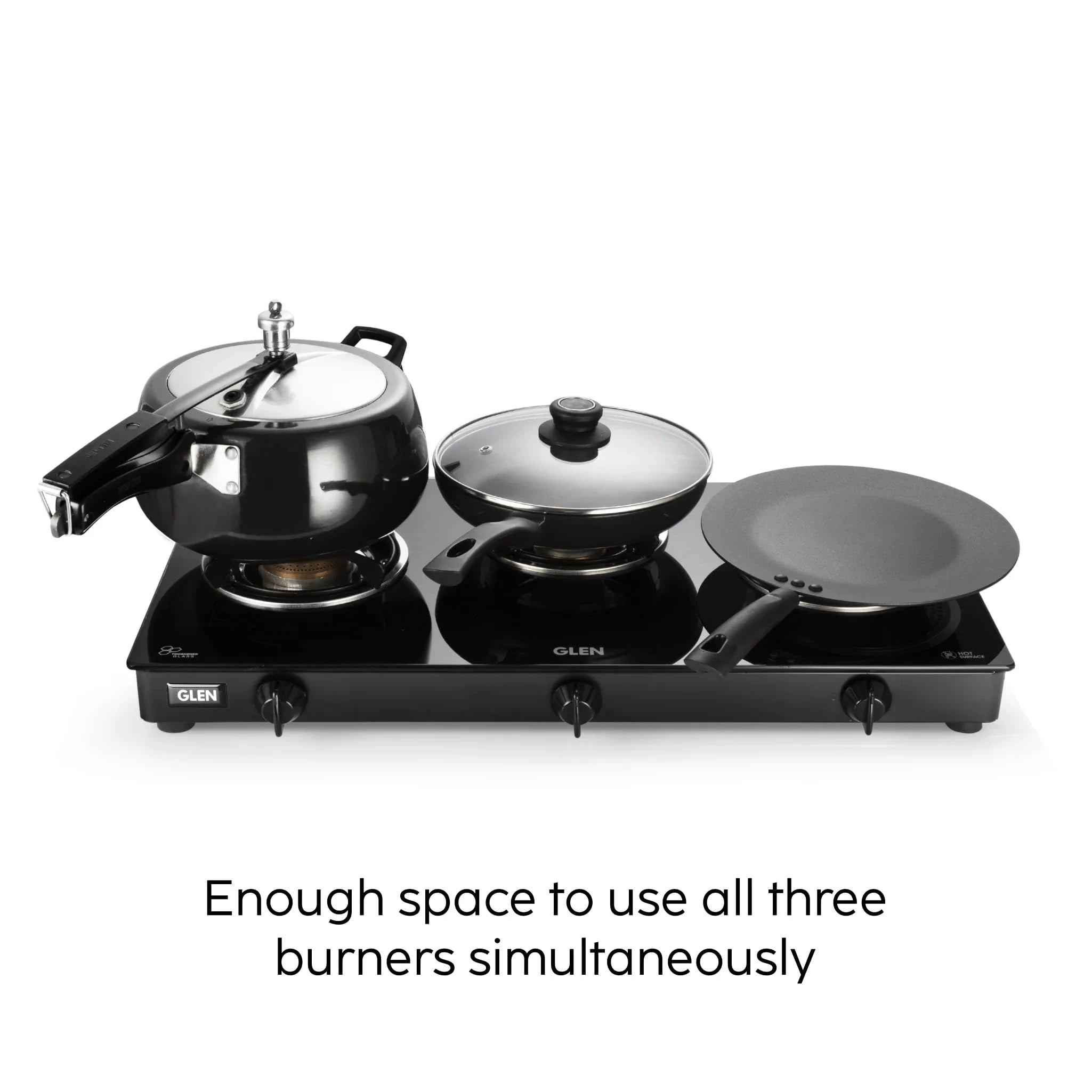 Glen 3 Burner Toughened Glass Top PNG Gas Stoves | Brass Burners | Black | ISI Certified | Stainless Steel Drip Trays | Anti-Skid Feet Ergonomic Knobs | 2 Year Warranty (CT1030GTBB BLPN)