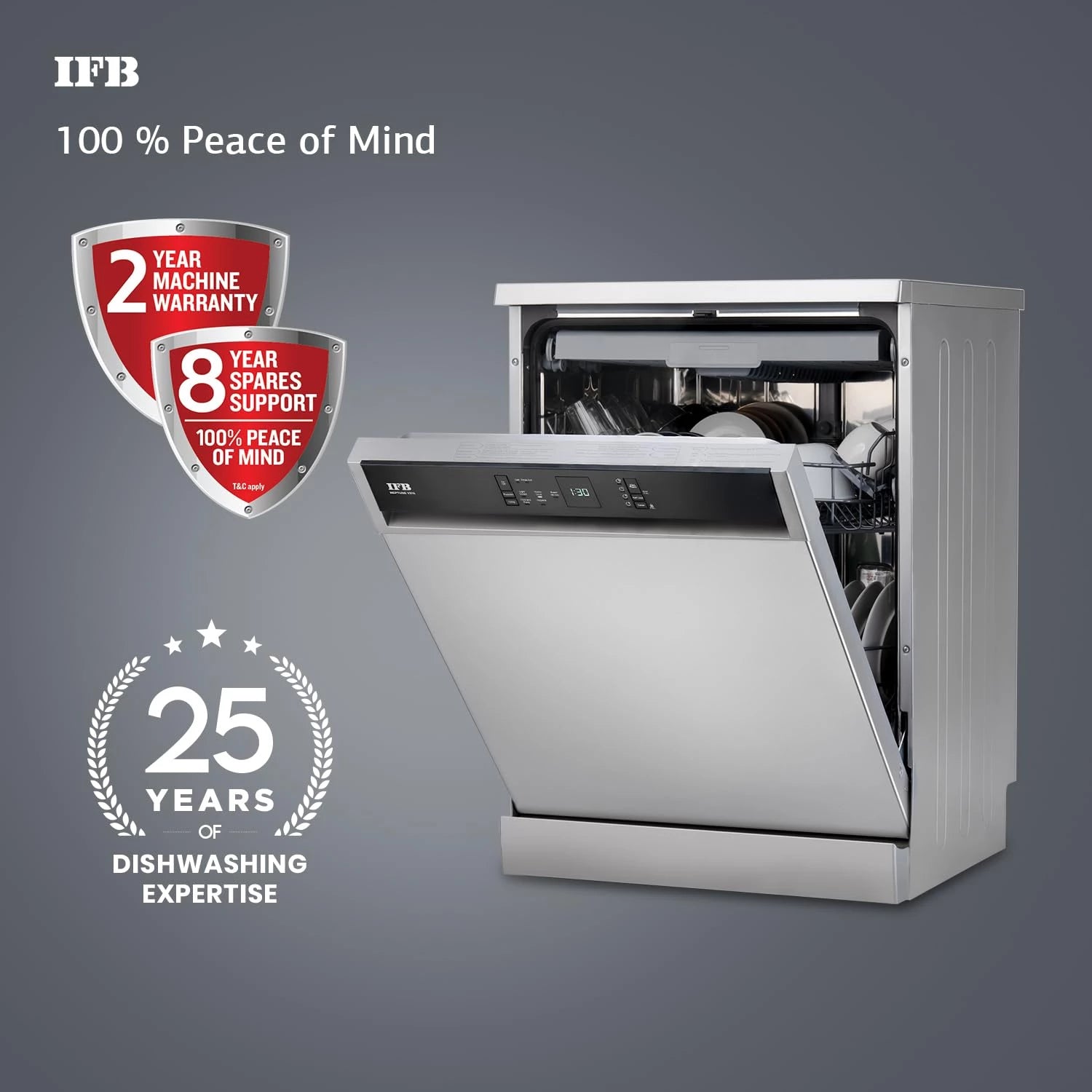 IFB 15 Place Settings with DeepClean® Technology Freestanding Dishwasher (Neptune VX15, Dark Silver, 70° Hot Water Wash with Hygienic Steam Drying, Perfect for Indian Utensils)