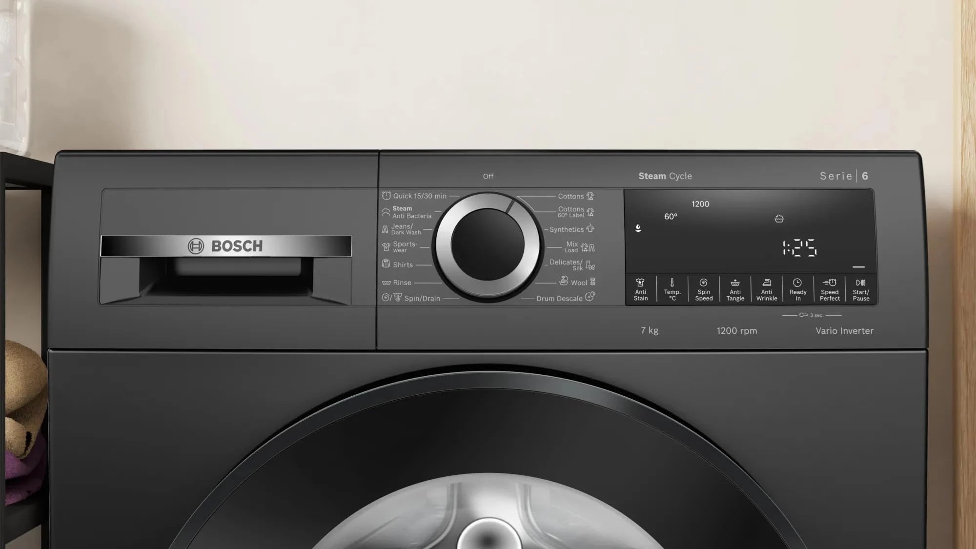 Bosch 7 kg 5 Star Fully-Automatic Front Loading Washing Machine (WGA12208IN, Black Grey,Anti Wrinkle, In-Built Heater)