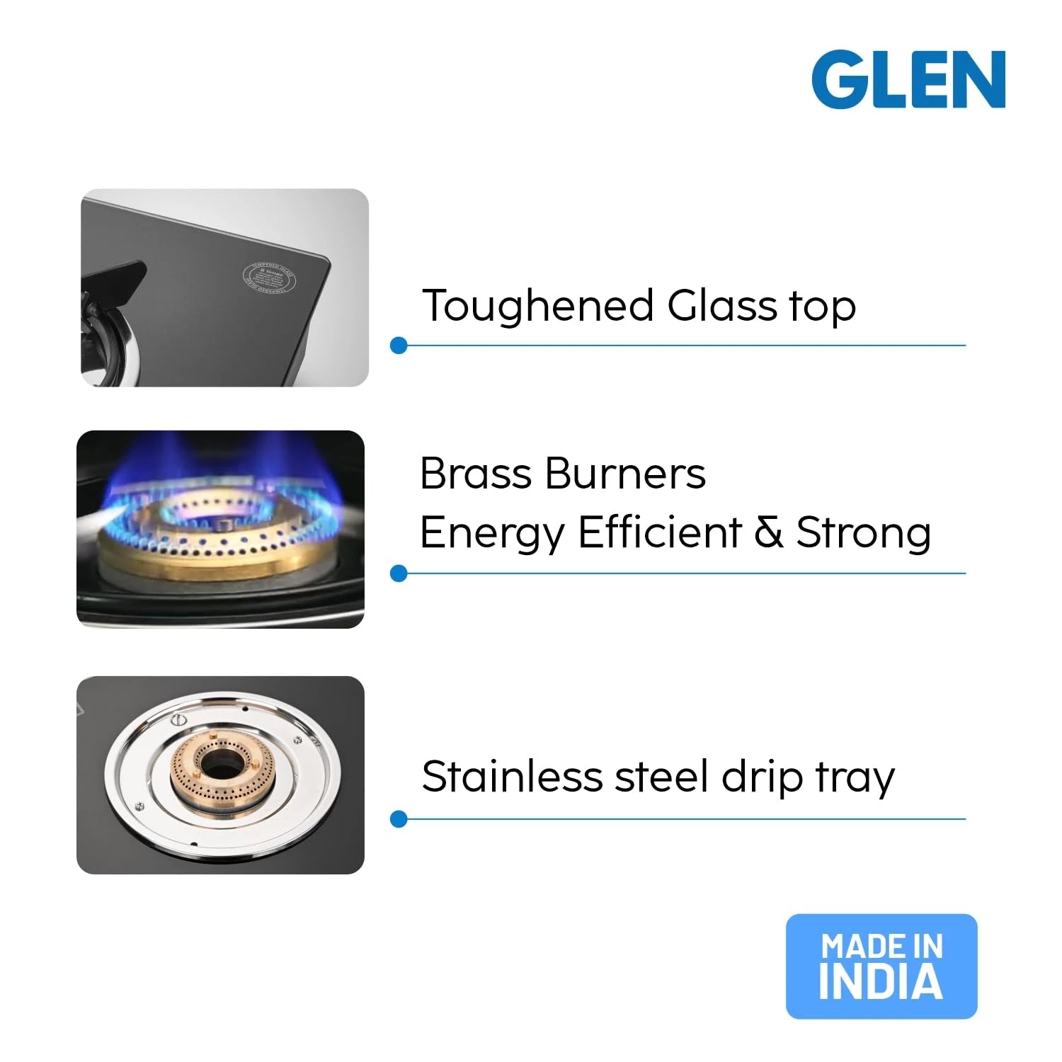 Glen 3 Burner Toughened Glass Top LPG Gas Stoves Auto Ignition | Brass Burners | Black | ISI Certified | Stainless Steel Drip Trays | Anti-Skid Feet Ergonomic Knobs | 2 Year Warranty (1030GTBBBLAI)