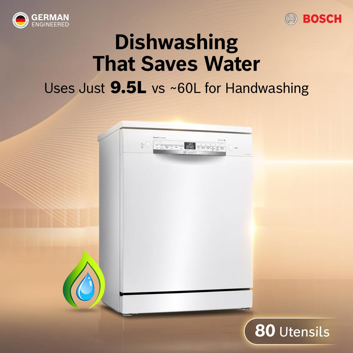 Bosch SMS6IKW01I white dishwasher angled view with 9.5 L water use versus handwashing and 80 utensils callout