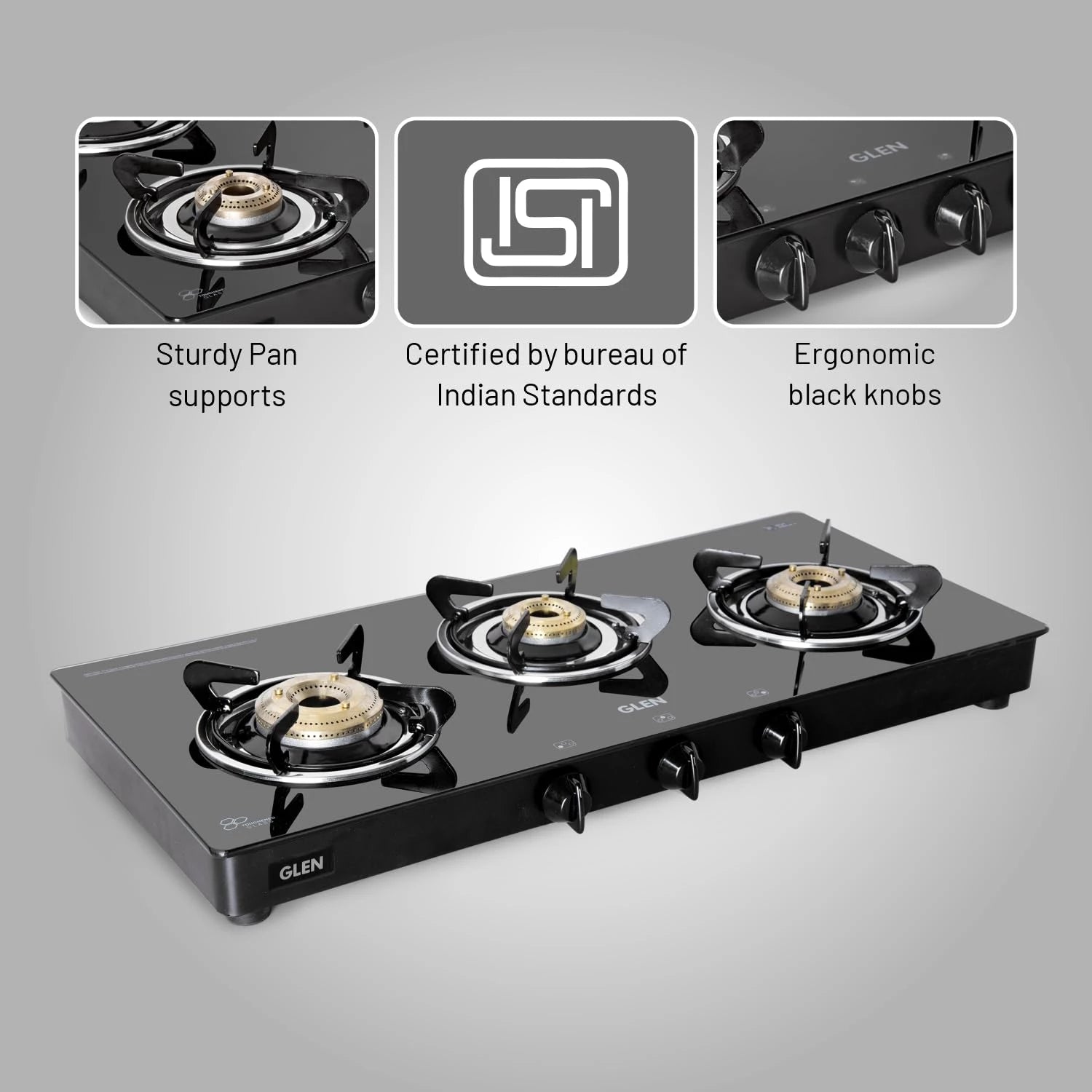 Glen 3 Burner Toughened Glass Top | LPG Gas Stoves Extra Large | High Flame Brass Burners | Black | Manual Ignition | ISI Certified Revolving Nozzle | 2 Year Warranty | 1033 GT XL BB BL