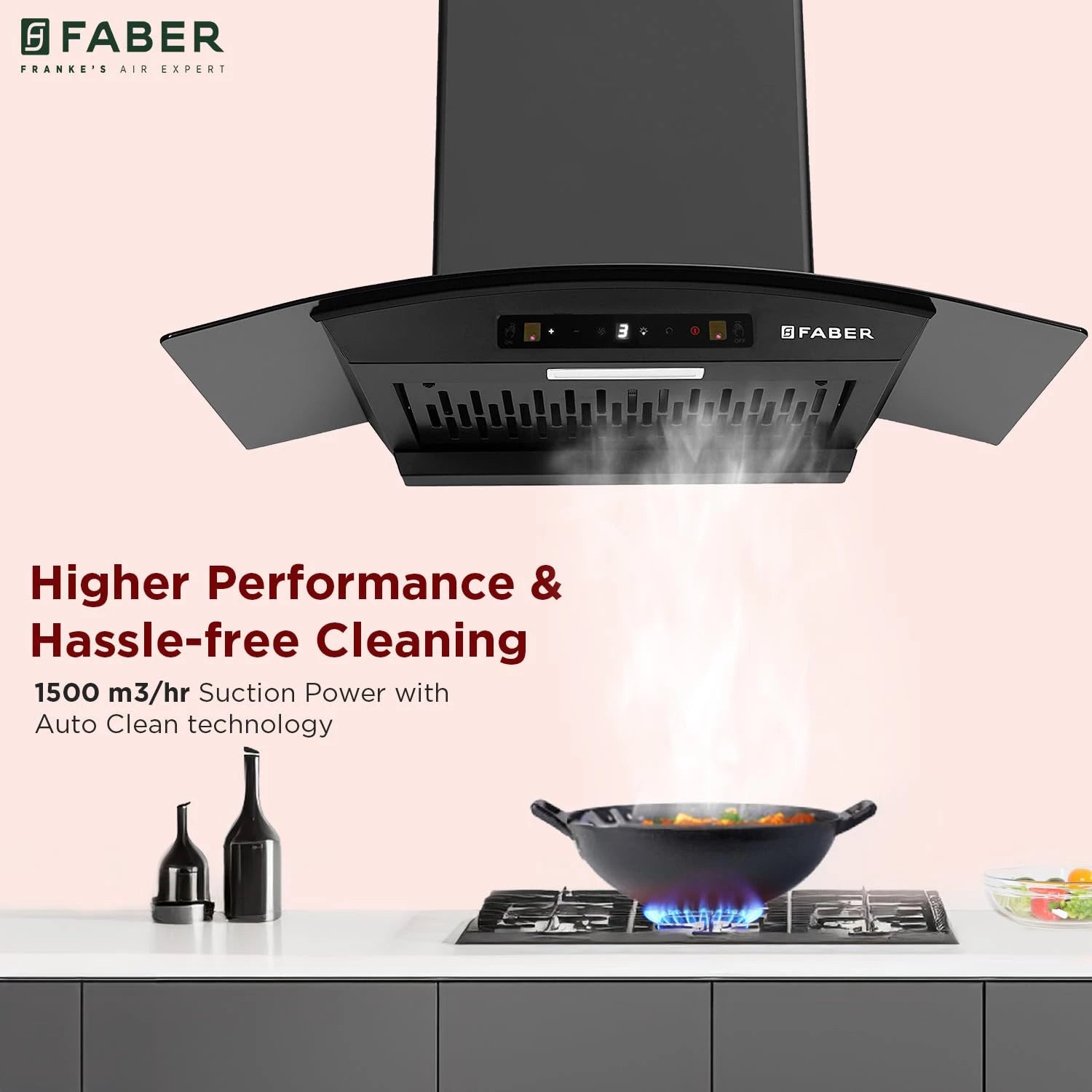 Faber Agile 60cm 1500m³/hr BLDC Autoclean Curved Shape Chimney | Built In Oil Collector | Touch & Gesture Control | 12Yr Motor,2Yr Comprehensive Warranty by Faber | Hood Agile BLDC FL HC SC BK IN 60