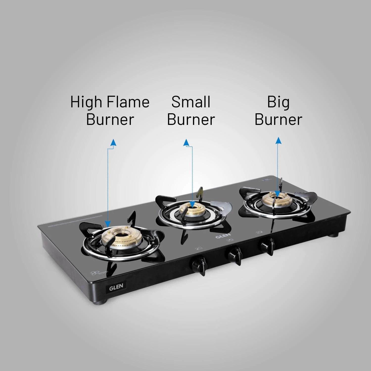 Glen 3 Burner Toughened Glass Top | LPG Gas Stoves Extra Large | High Flame Brass Burners | Black | Manual Ignition | ISI Certified Revolving Nozzle | 2 Year Warranty | 1033 GT XL BB BL