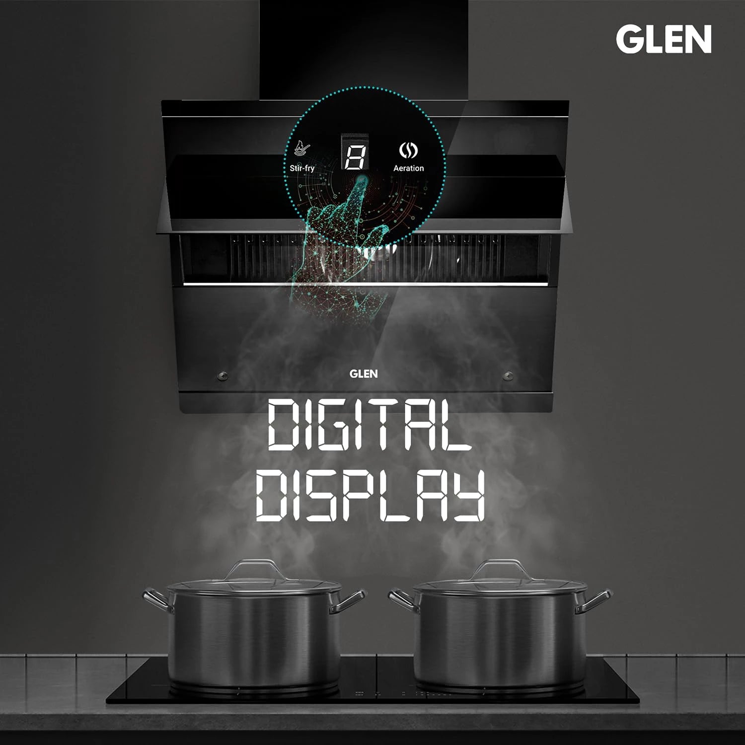 Glen Chimney 75 cm 1600 m³/hr BLDC Filterless Thermal Auto lean Kitchen Chimney | Hood KOPPA HSR 76, Heat Sensor | Aeration technology Auto On/Off | Touch & Gesture Control Black