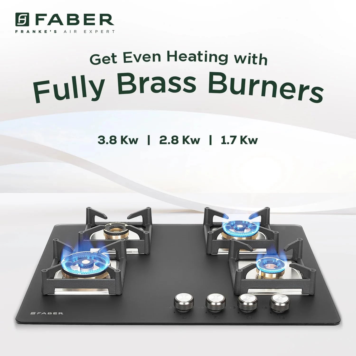 Faber Bella HT 704 BR AI Hobtop – 70 cm, 4 Full Brass Burners | Auto Ignition | Black Toughened Glass | Heavy-Duty Cast Iron Support | Modern Kitchen Elegance