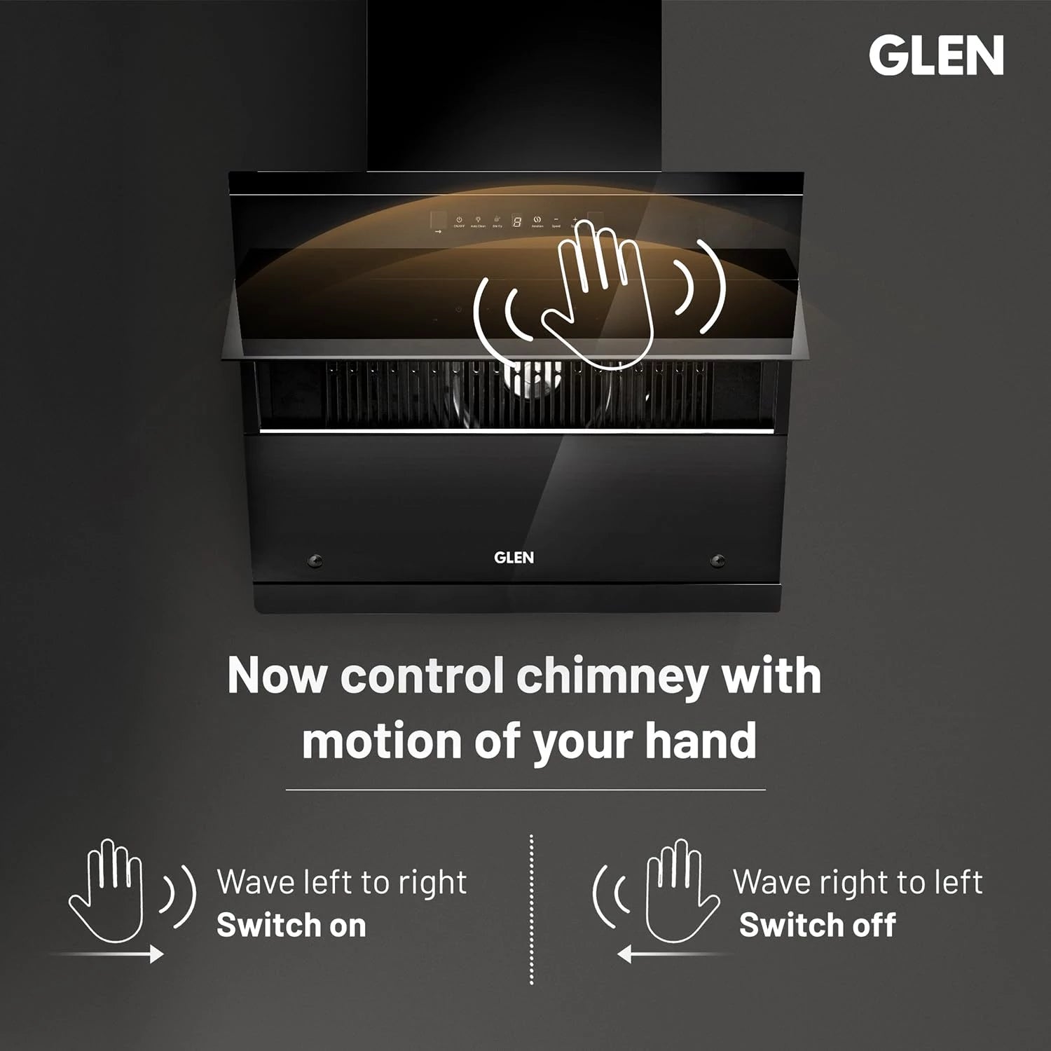Glen Chimney 75 cm 1600 m³/hr BLDC Filterless Thermal Auto lean Kitchen Chimney | Hood KOPPA HSR 76, Heat Sensor | Aeration technology Auto On/Off | Touch & Gesture Control Black
