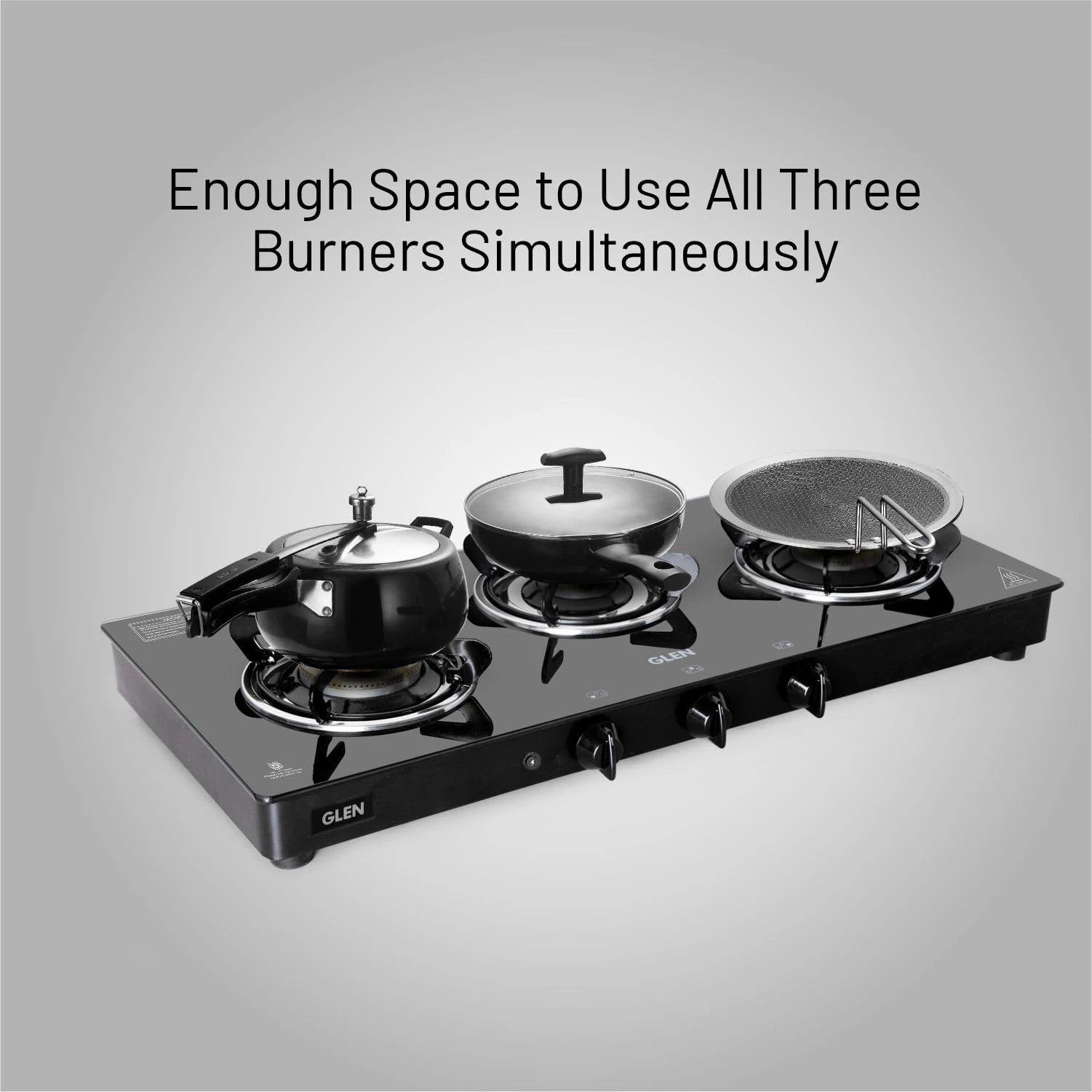 Glen 3 Burner Toughened Glass Top LPG Gas Stove with Fuel Efficient Brass Burners | Black | ISI Certified