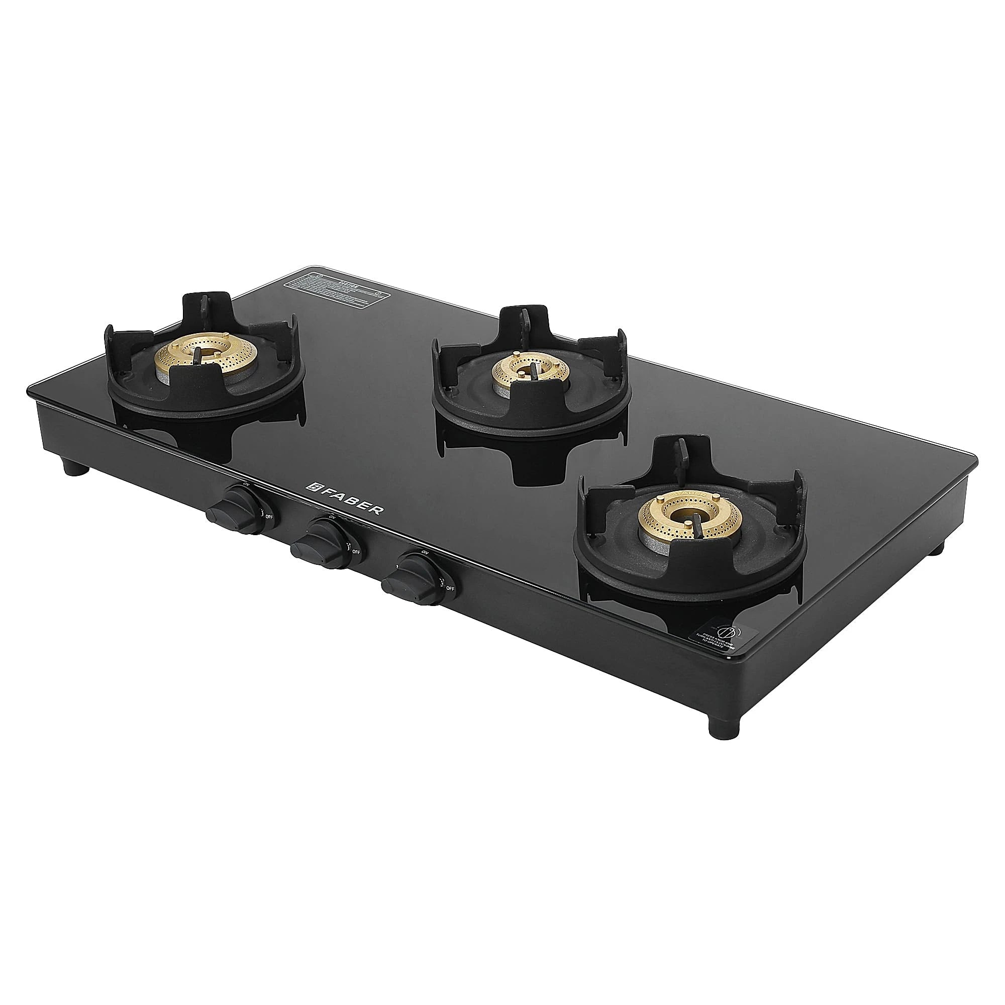 Faber ONYX AI 3BB BK 3-Burner Auto-Ignition Cooktop | Black ABS Knobs | Brass Burners | Cast Iron Pan Support | Black Glass Finish | 7 Yrs Warranty on Glass, 5 Yrs on Burner & Valve | 2 Yrs Comprehens