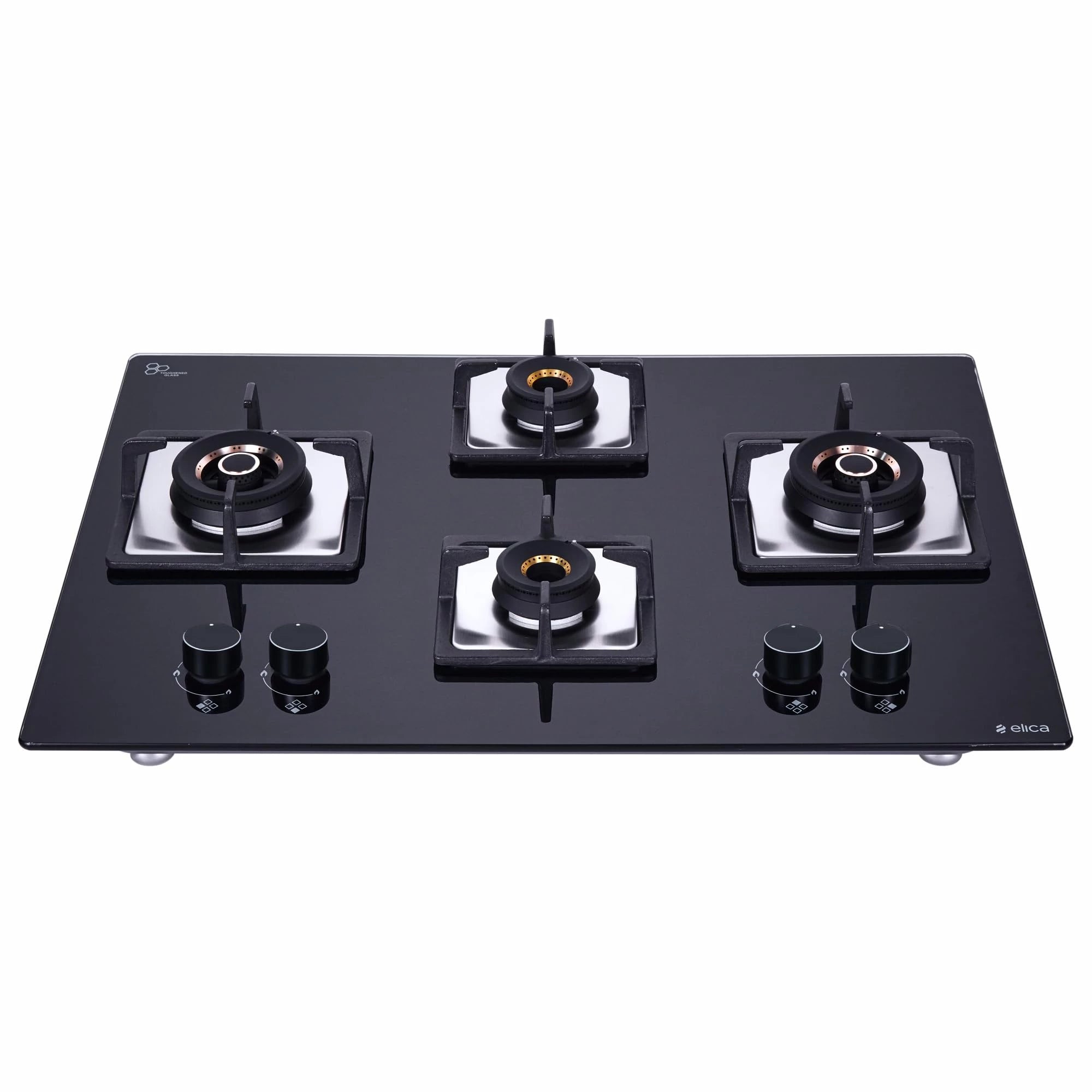 Elica Gas Stove Flexi AB Hct 470 Dx, 4 Burner Auto Ignition Glass Top - 2 Double Ring Brass Burner & 2 Mini Triple Ring Brass Burner, Black