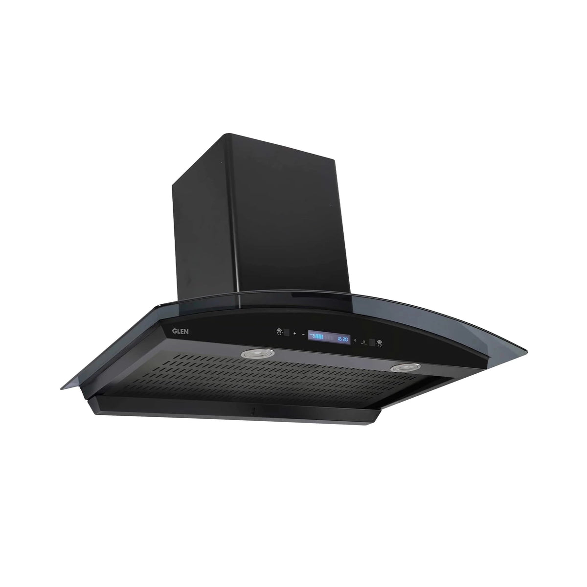 Glen 6061ACBL chimney showing curved glass, LCD display, touch controls and LED lights