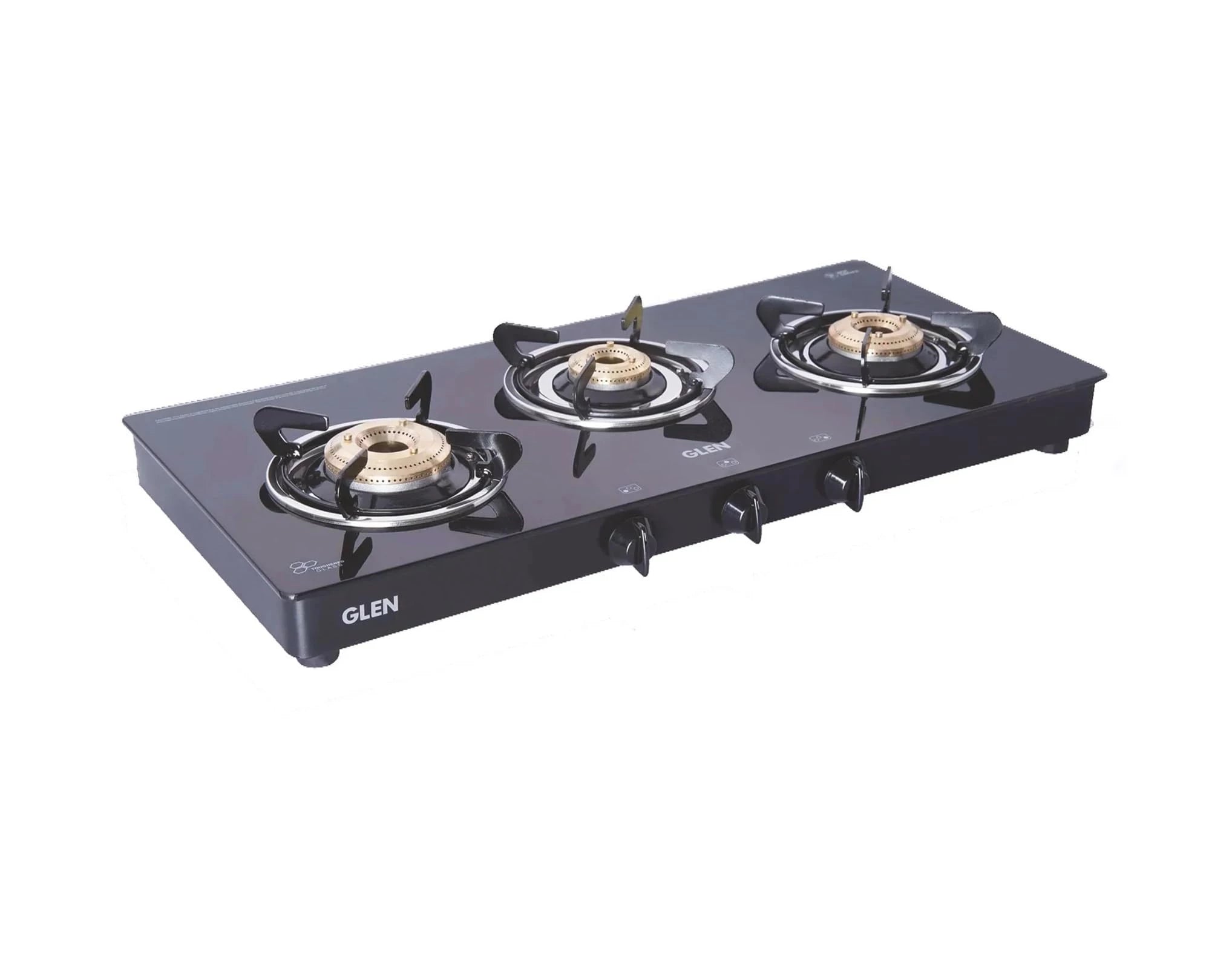 Glen Gas Stove 3 Burner | Toughened Glass Top LPG Gas Stoves | High Flame Brass Burners | Manual Ignition | Black (CT3B73 BL BB)