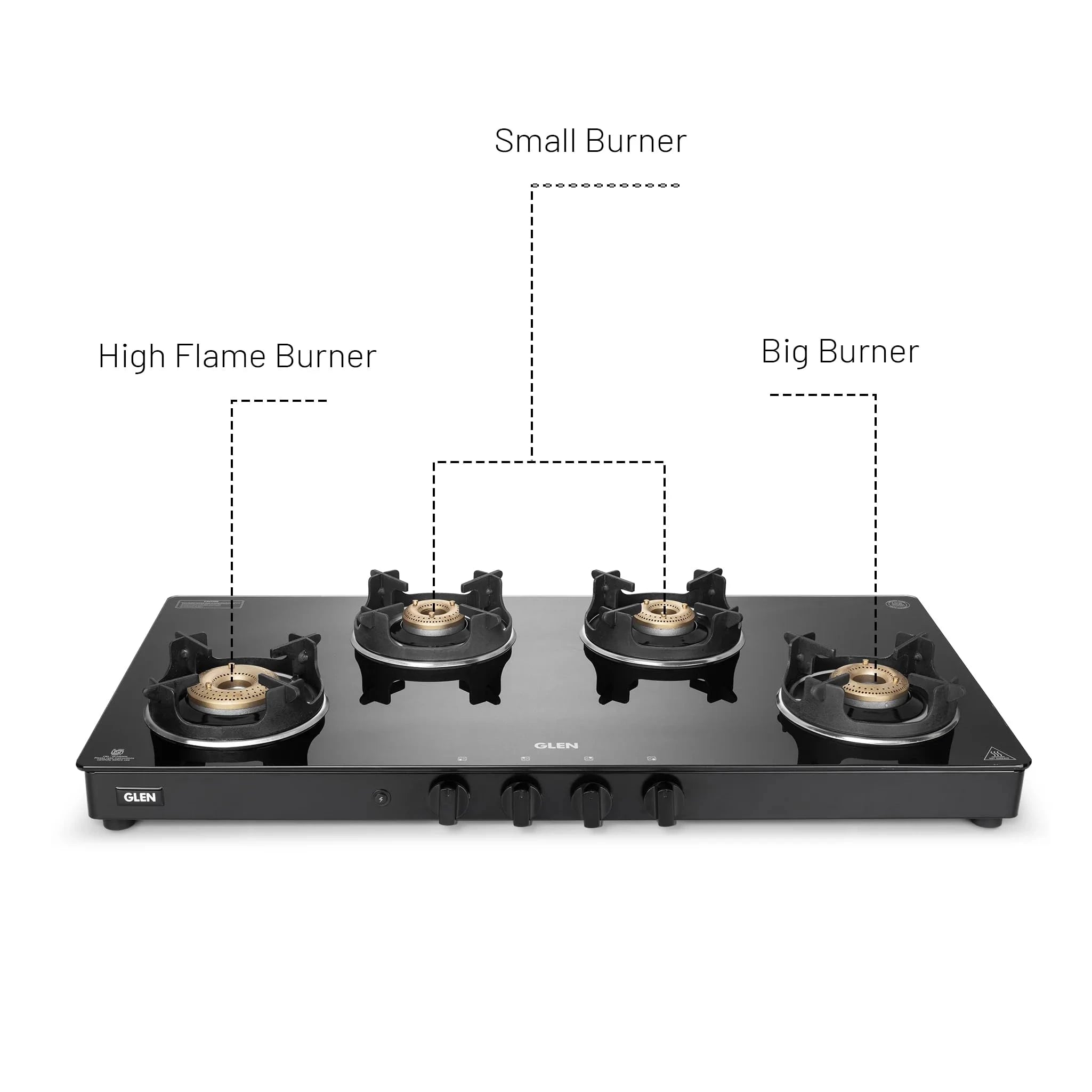 Glen 4 Burner Glass Gas Stove | High Flame Forged Brass Burners | Crown Pan Supports | Toughened Glass Top | ISI Certified | Black (CT1044GTBBBLHFCP)