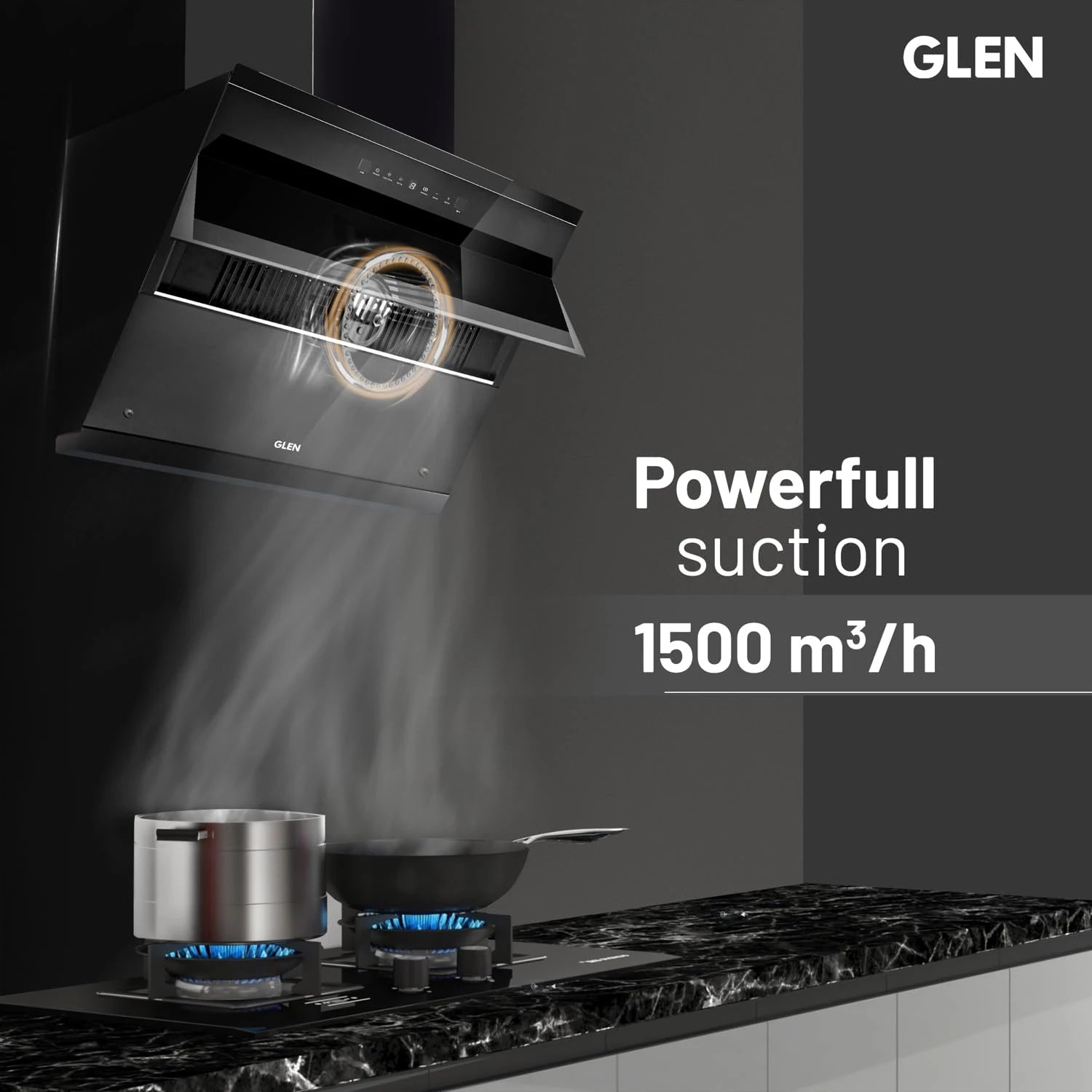 Glen 60 cm 1500 m³/hr Filterless Thermal Autoclean Kitchen Chimney, Slant |(Hood ZOLA HSR 60, Heat Sensor| Aeration technology| Auto On/Off| Touch & Gesture Control,Black)
